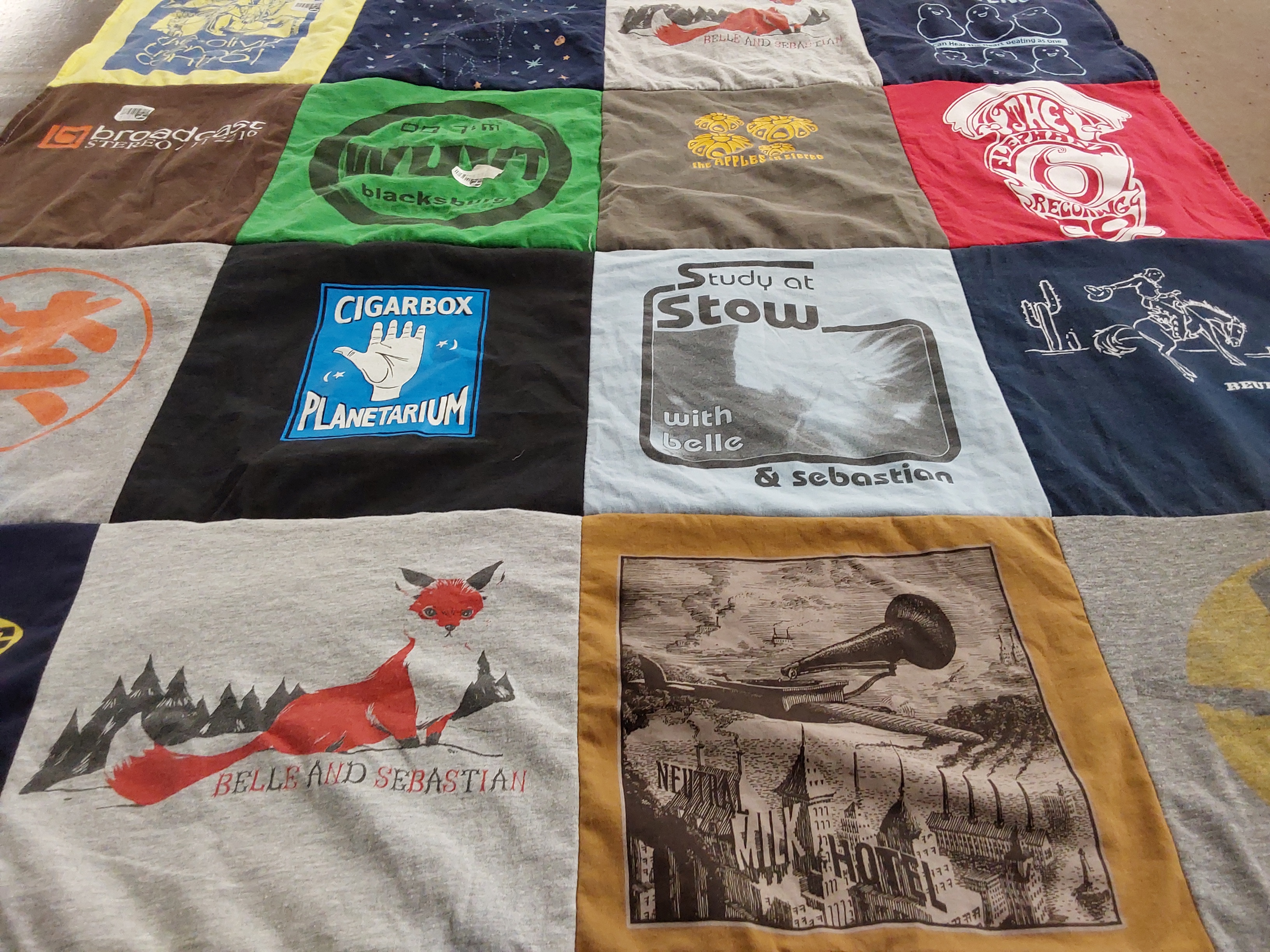 T-shirt quilt with music, arts themes by Catherine from NC