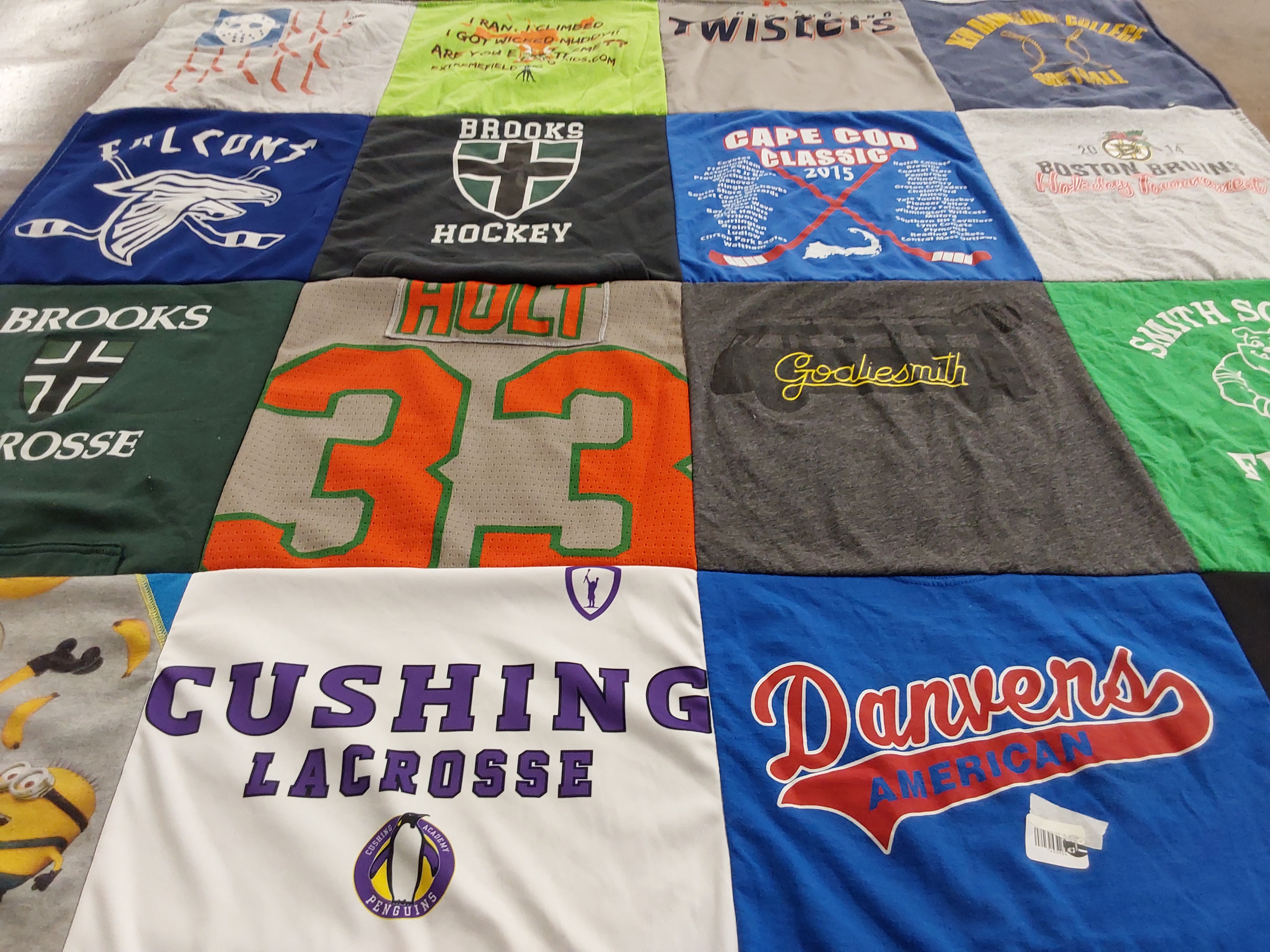 T-shirt quilt featuring brooks falcons, cushing lacrosse by Kathleen from MA