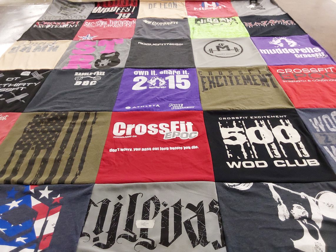 T-shirt quilt with fitness, crossfit themes by Jennie from CA