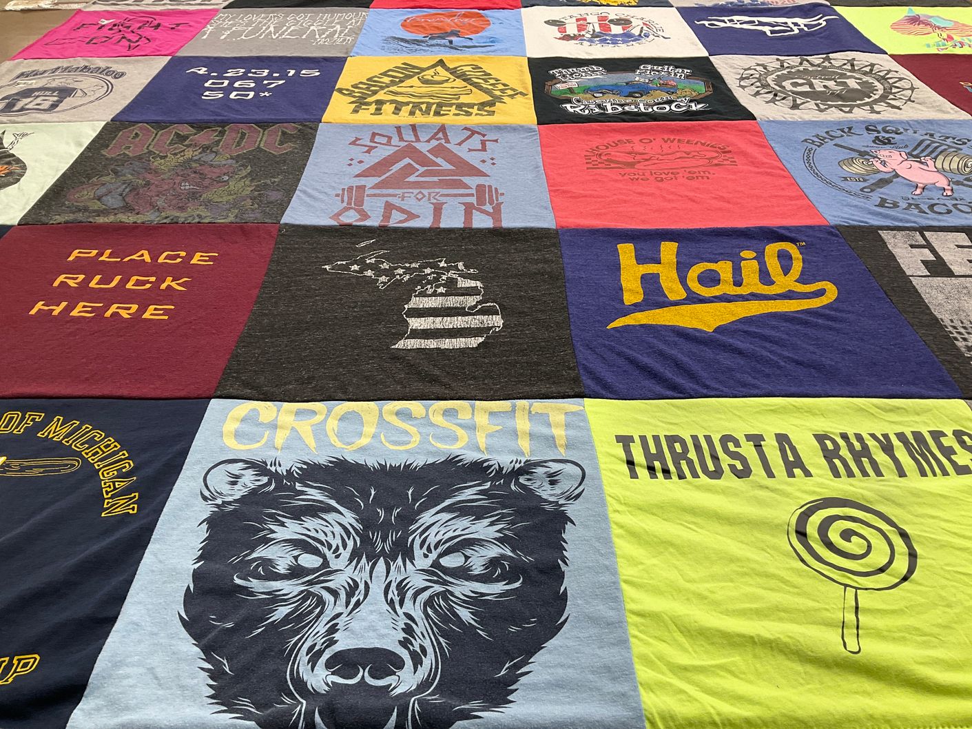 T-shirt quilt with fitness, music themes by Tom from MI