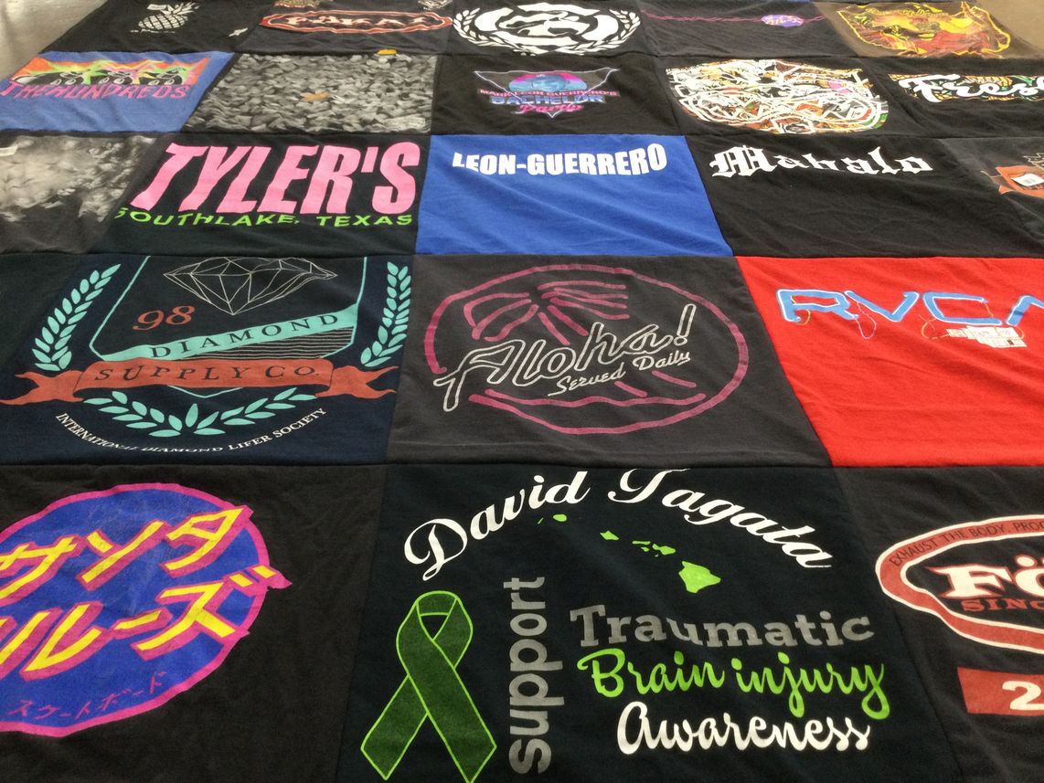 T-shirt quilt with supporting causes, brain injury awareness themes by Norlene from CT