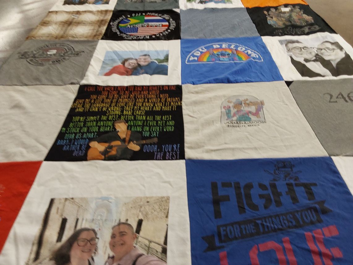 T-shirt quilt with music, friendship themes by Laurie from ME