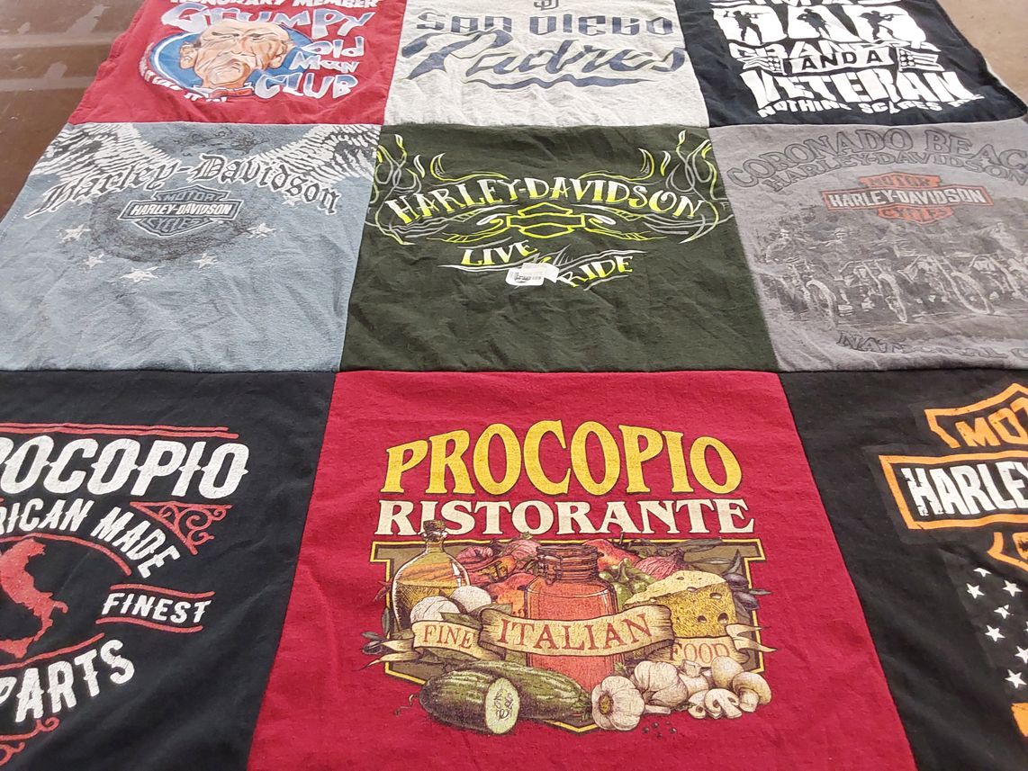 T-shirt quilt with motorcycles, cooking themes by Stephanie from CA