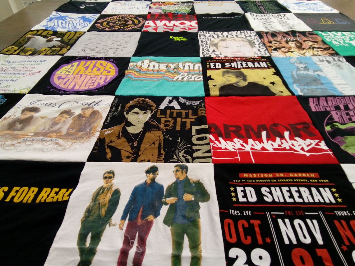 T-shirt quilt with music, concerts themes by Lucia from CA