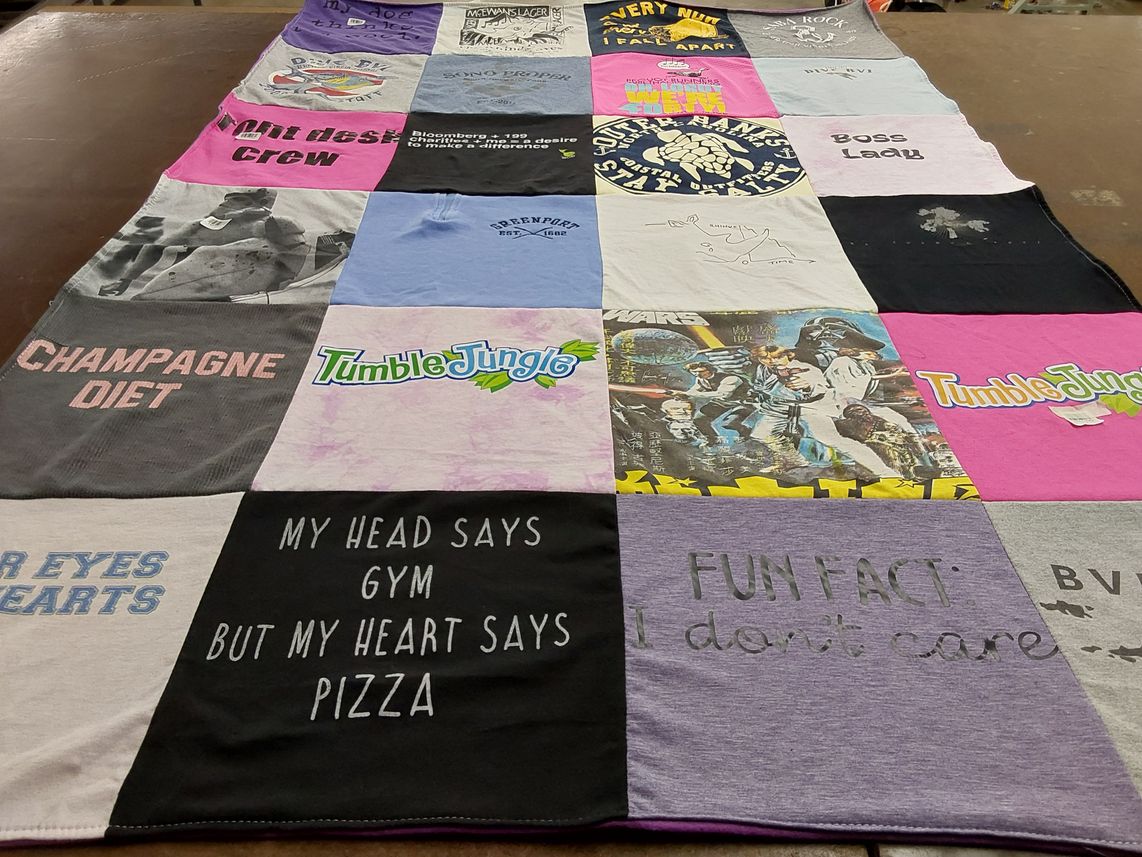 T-shirt quilt with fitness, food themes by tara from CT