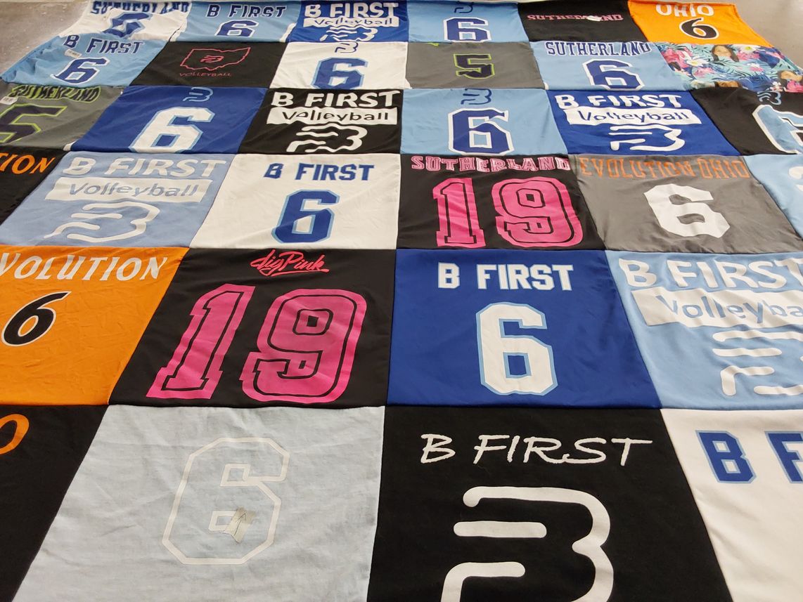 T-shirt quilt with volleyball themes by Kathryn from OH