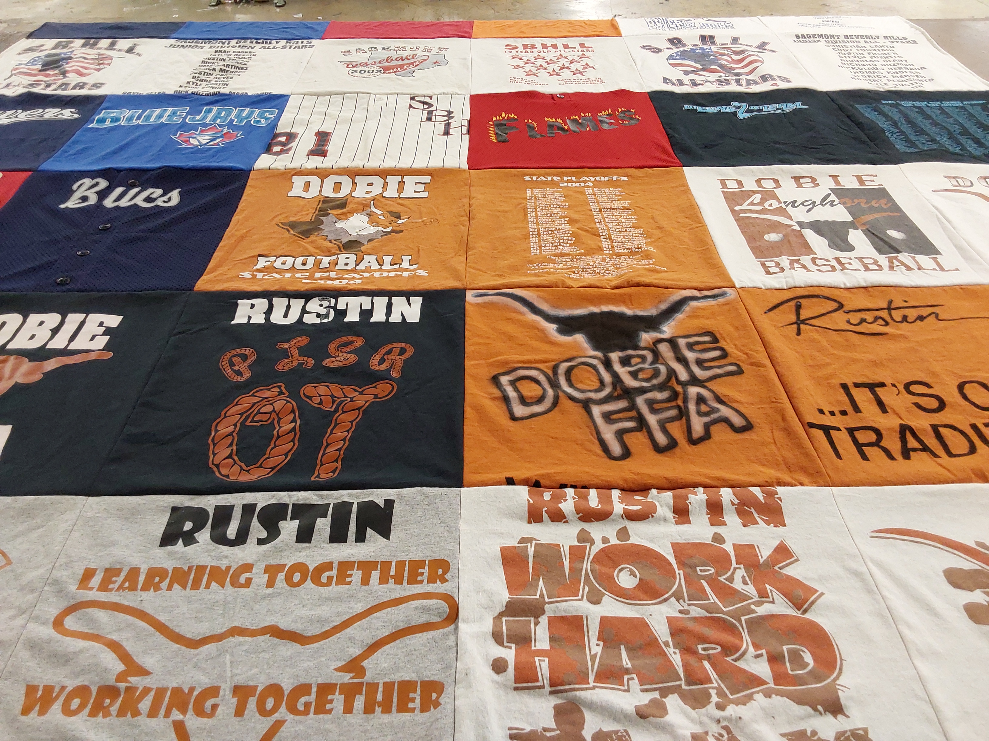 T-shirt quilt featuring longhorns, blue jays by Leslie from TX