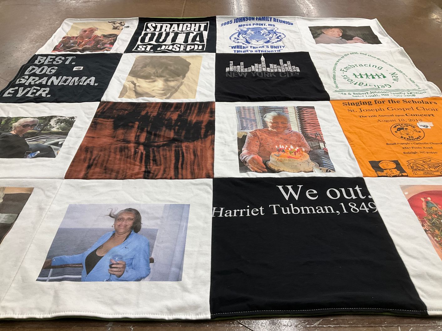 T-shirt quilt with family, celebration themes by Patricia from VA