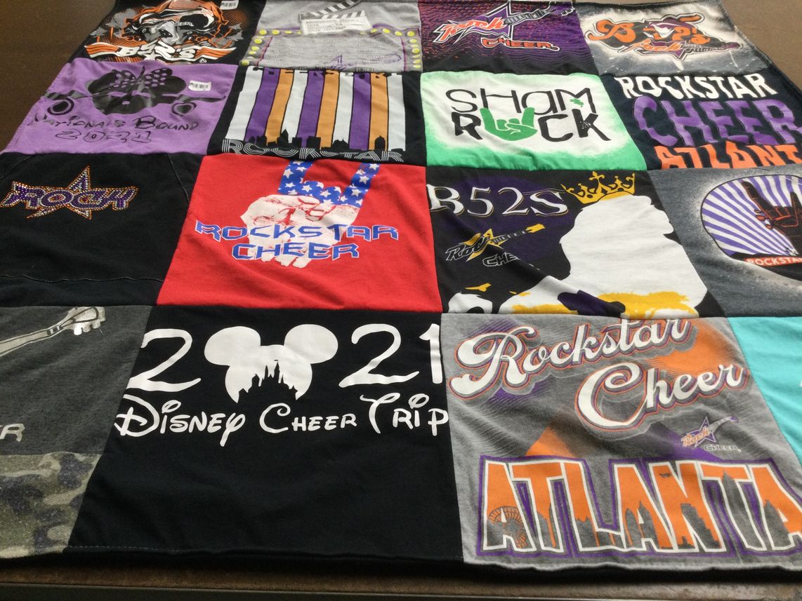 T-shirt quilt with cheerleading, disney themes by Ashley from GA