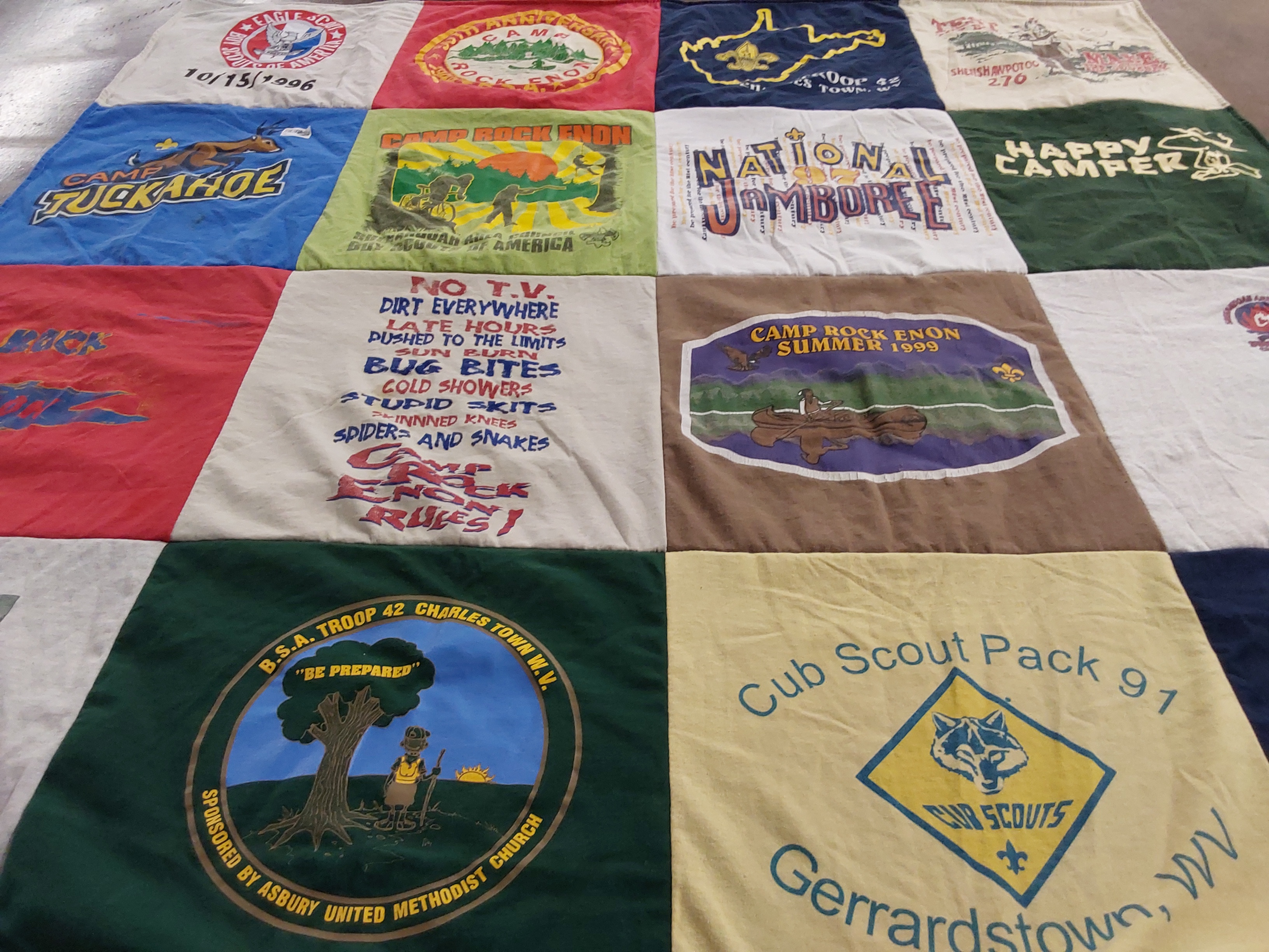 T-shirt quilt with camping, scouting themes by Martin from PA