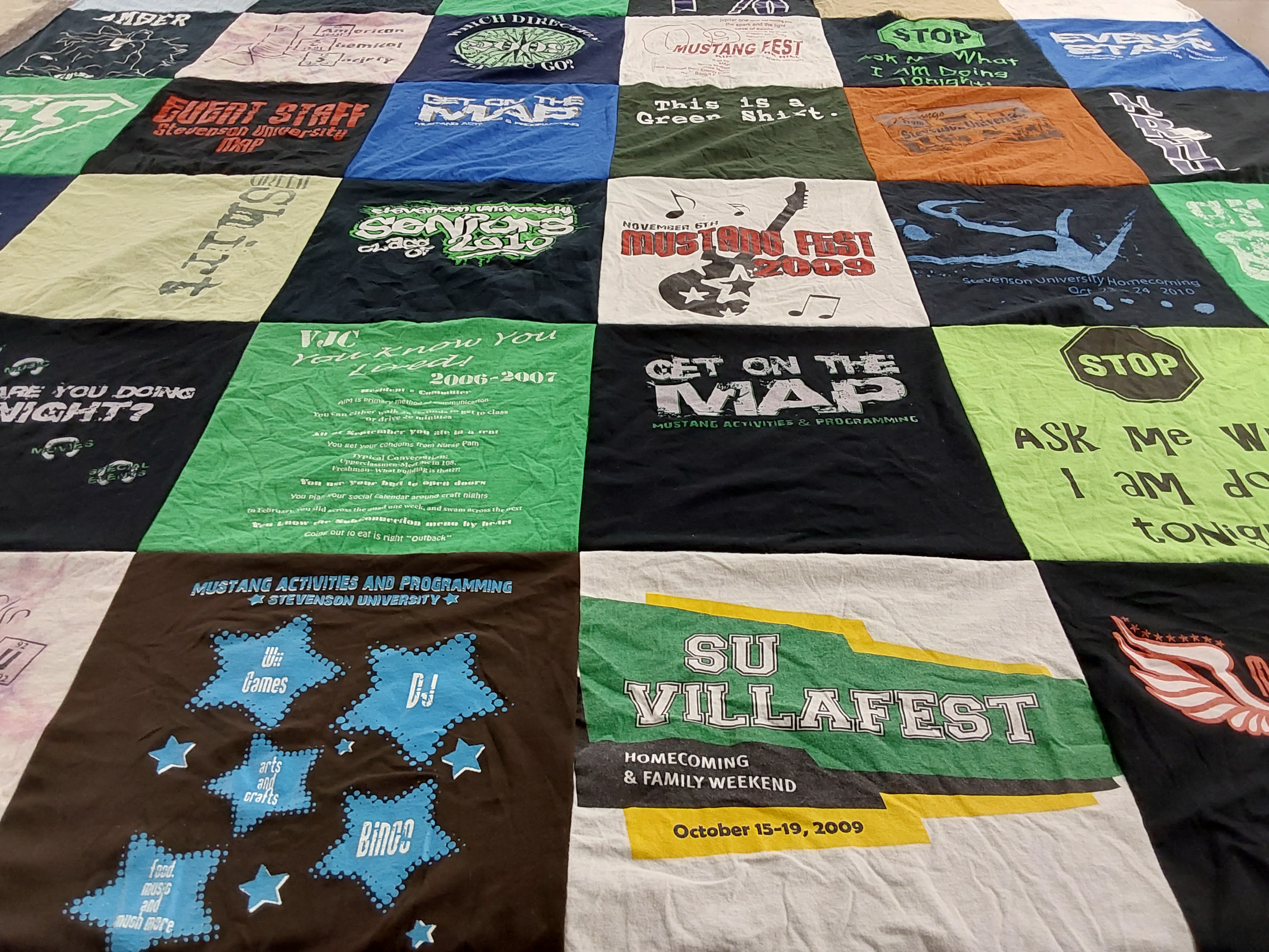 Custom Project Repat t-shirt quilt featuring shirts from stevenson university.