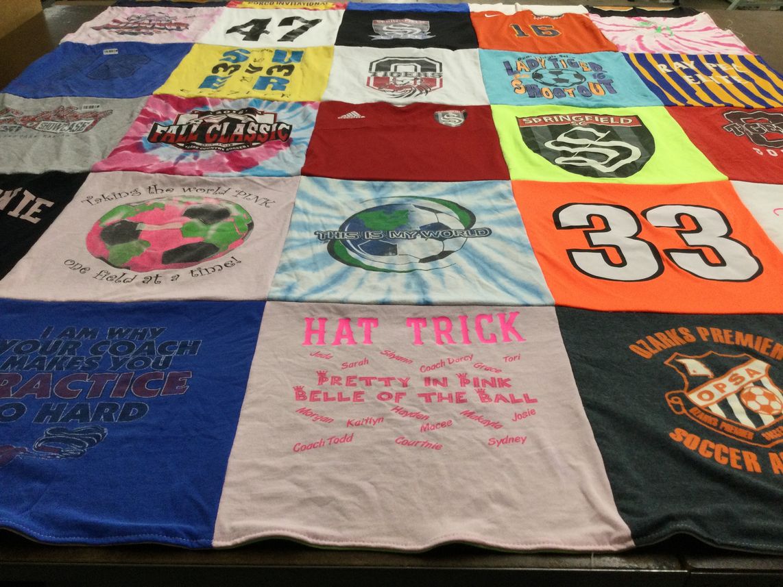 T-shirt quilt with soccer, sports themes by Jacklyn from AR