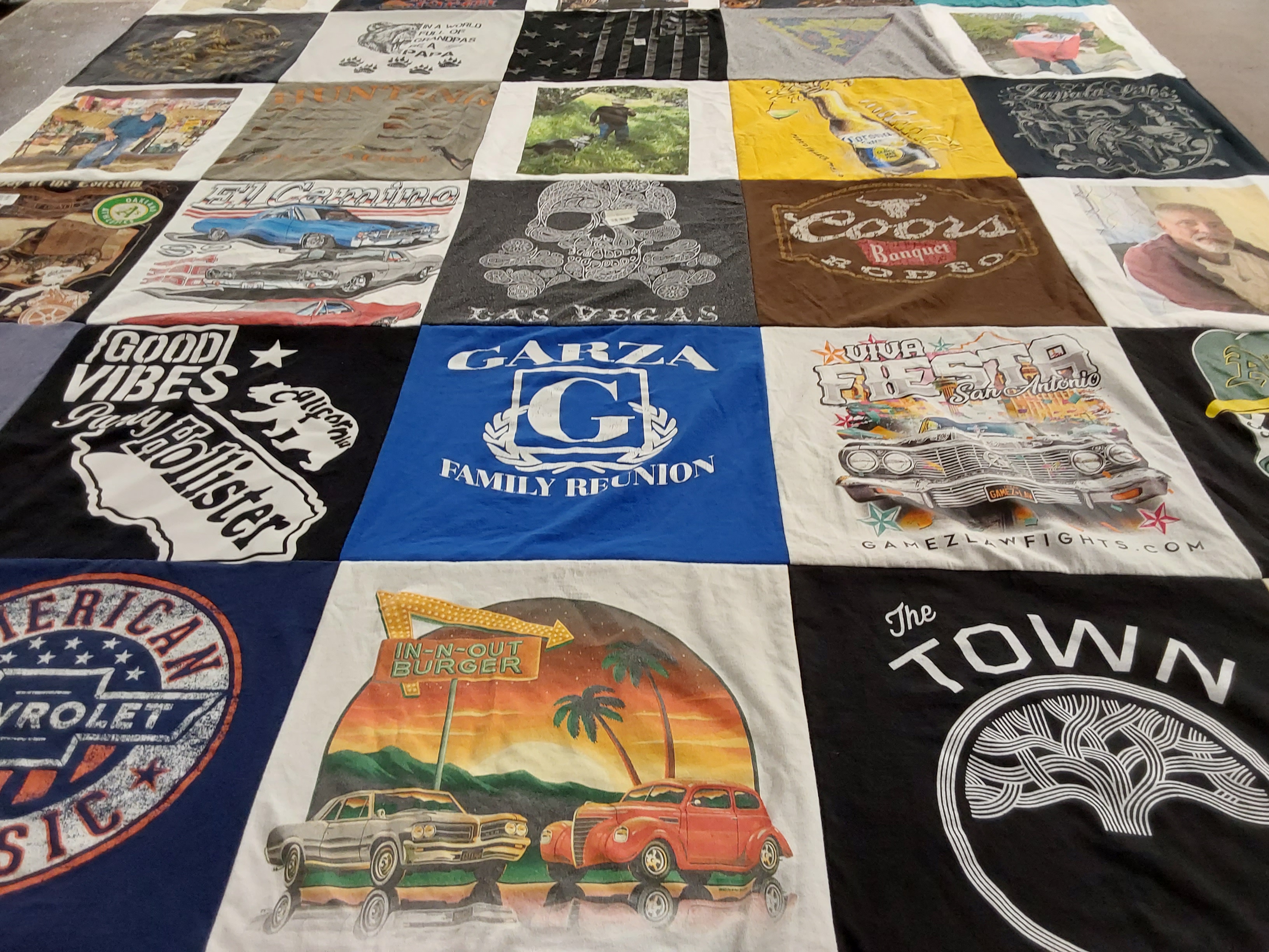 T-shirt quilt with family reunions, cars themes by Nelda from CA