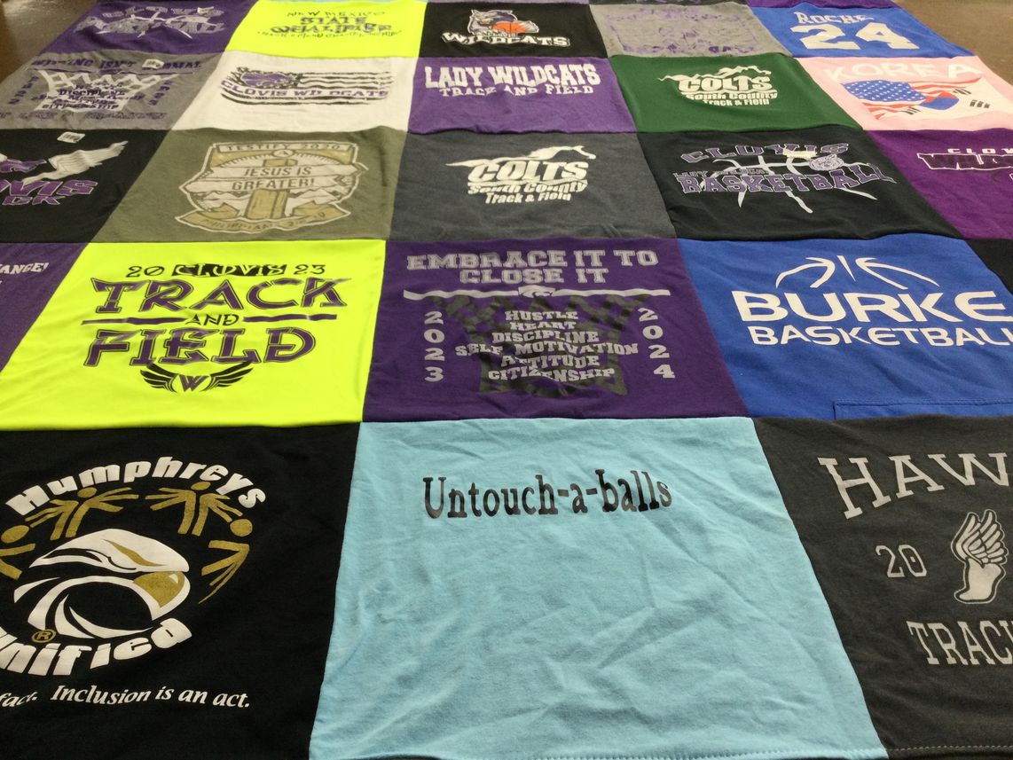 T-shirt quilt with sports, track and field themes by Kelli from FL