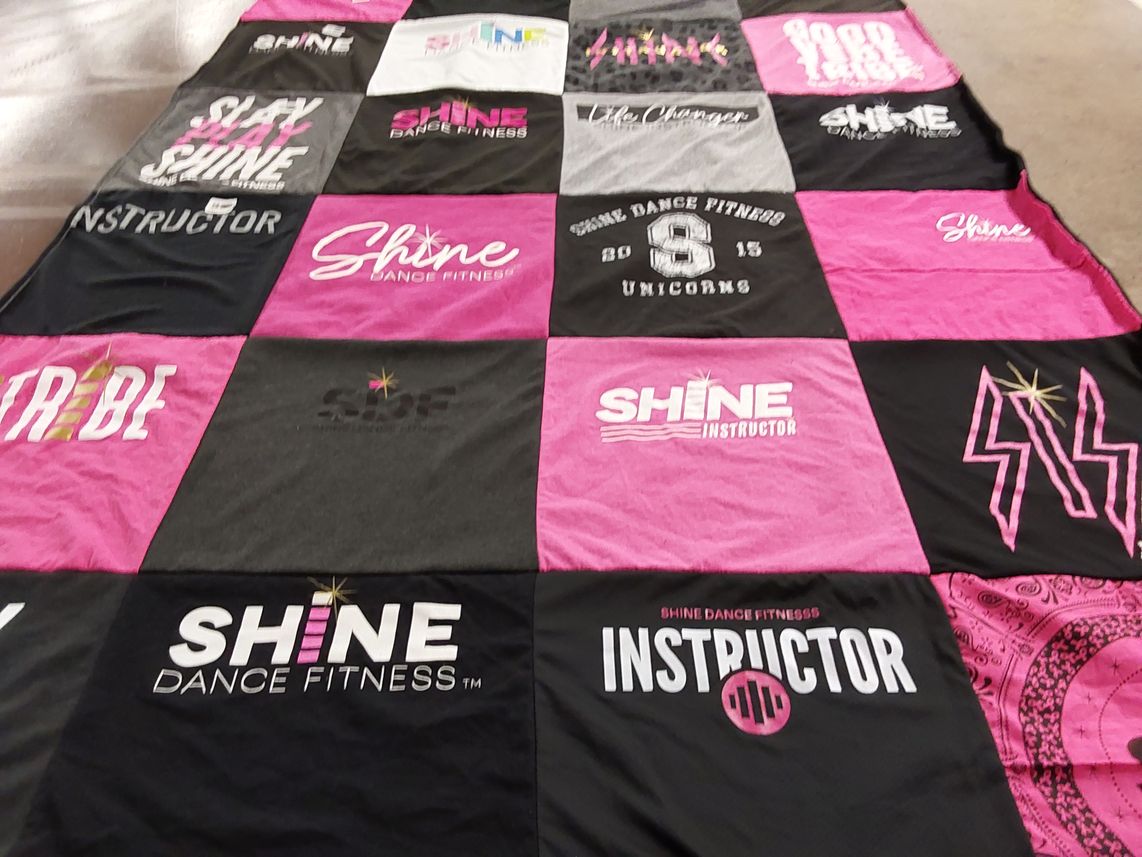 T-shirt quilt with dance, fitness themes by Tyler from MT