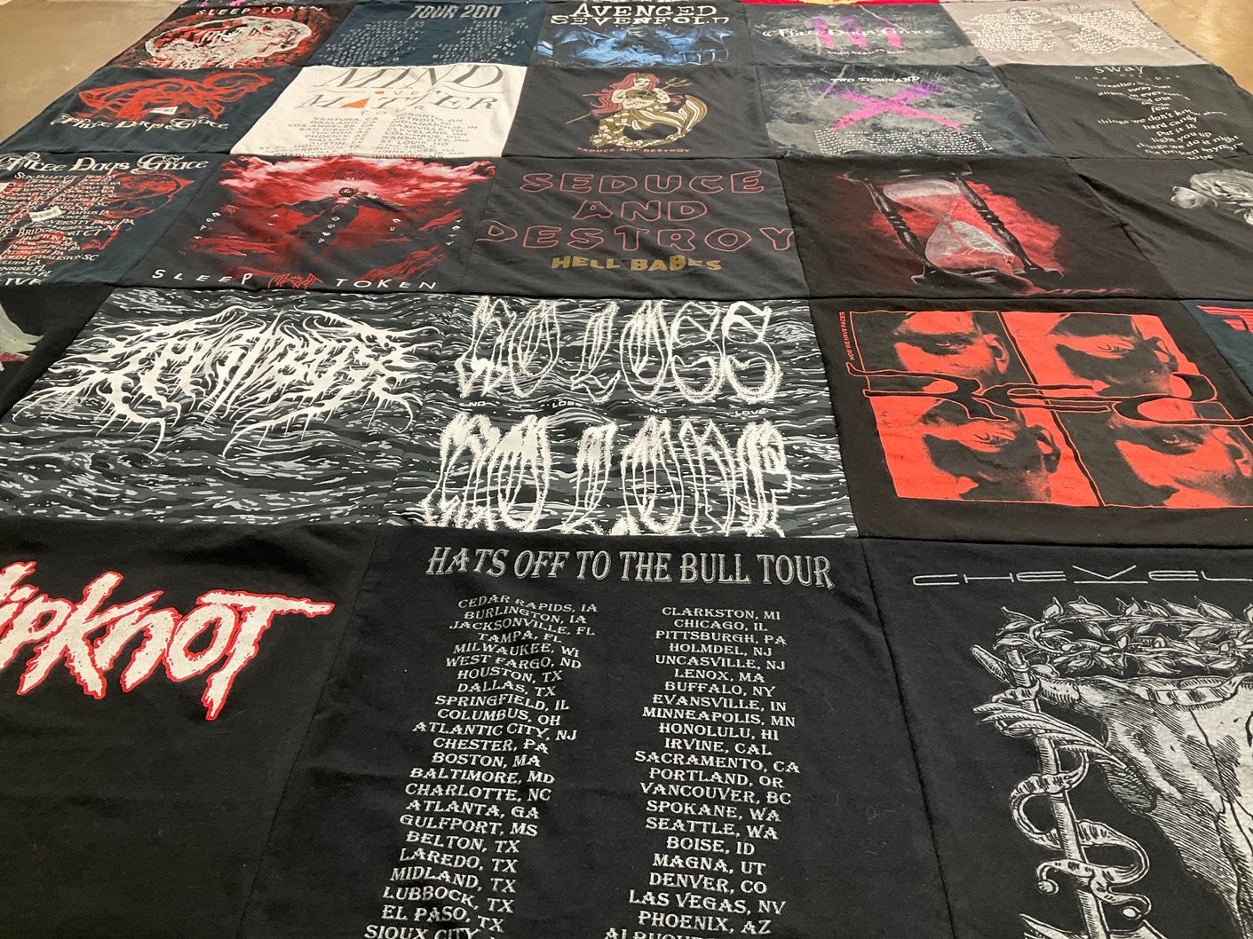 T-shirt quilt with music, rock themes by Elmira from MI