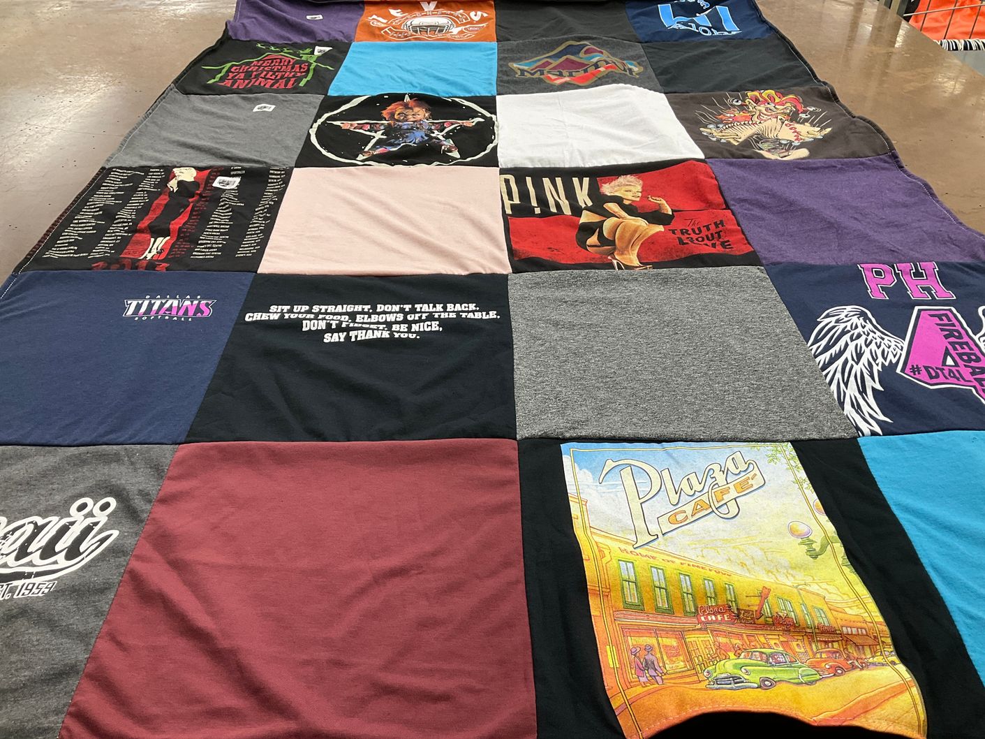 T-shirt quilt with sports, food themes by STEVE from TX
