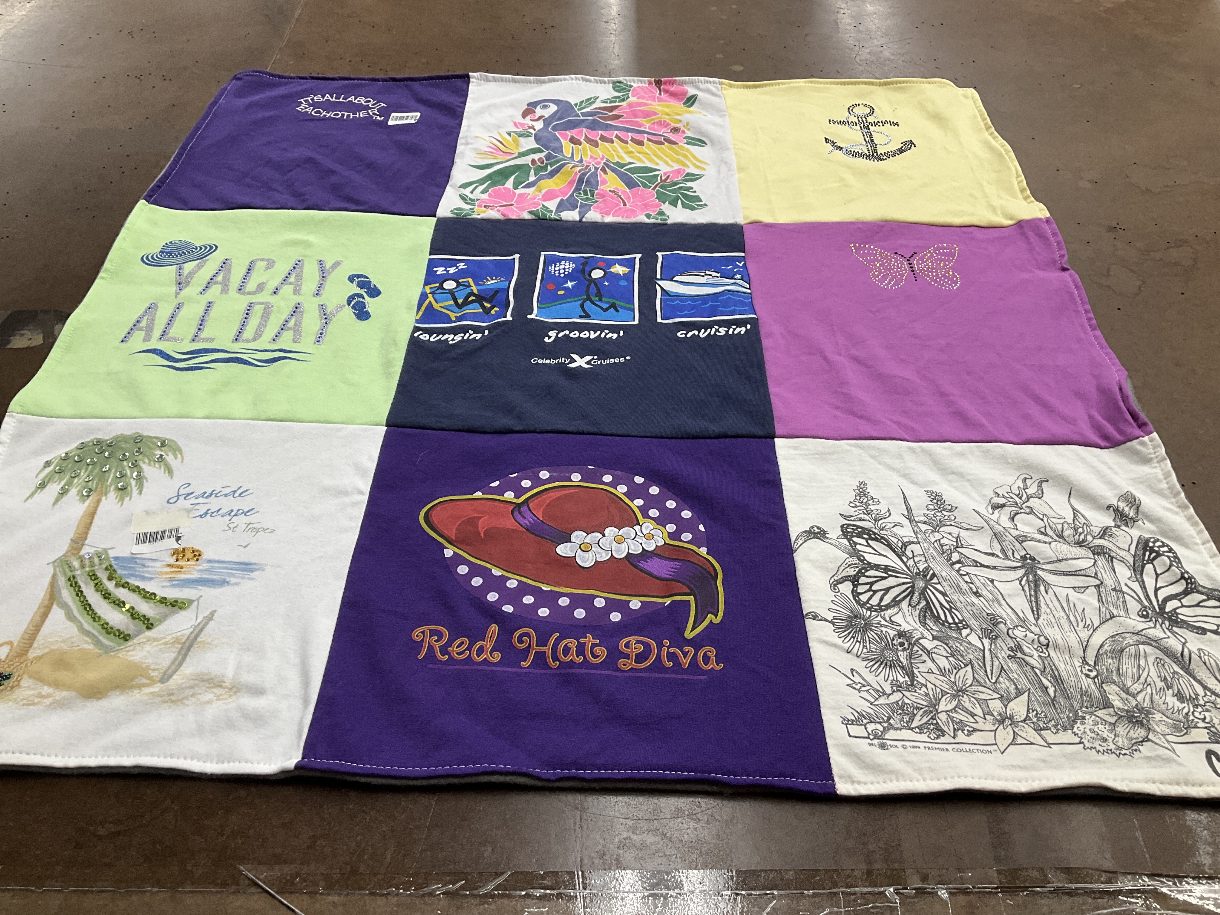 T-shirt quilt with vacation, travel themes by Carrol from AZ