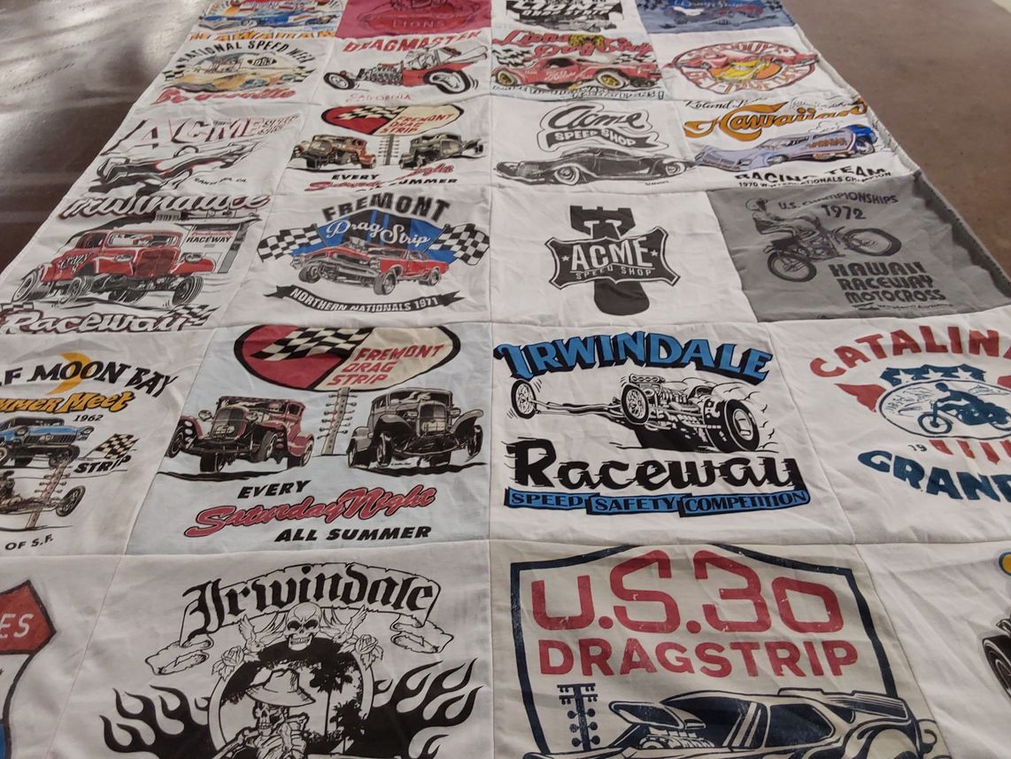 T-shirt quilt with racing, motorsports themes by Denny from CA