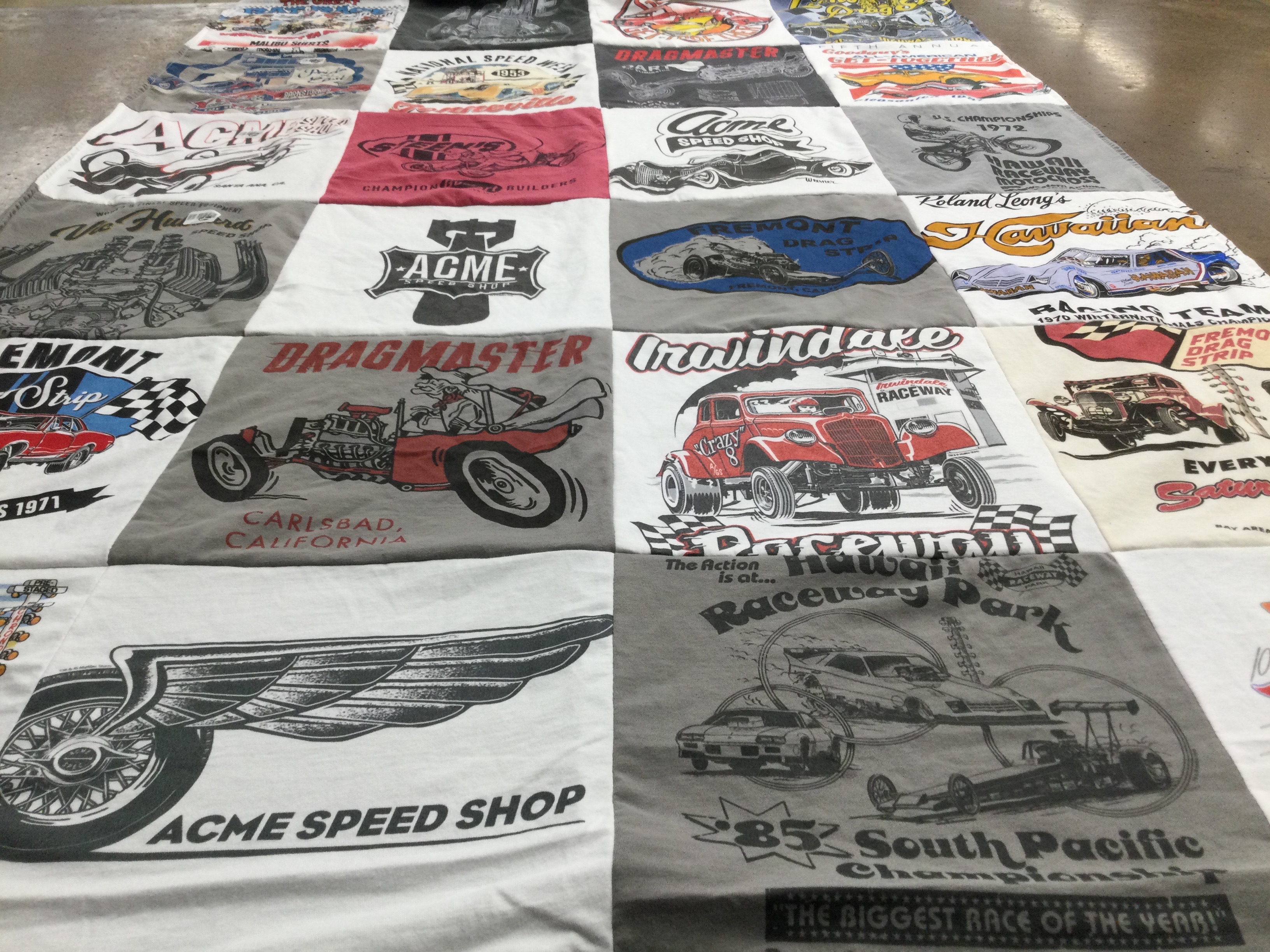 T-shirt quilt with drag racing, motorsports themes by Denny from CA