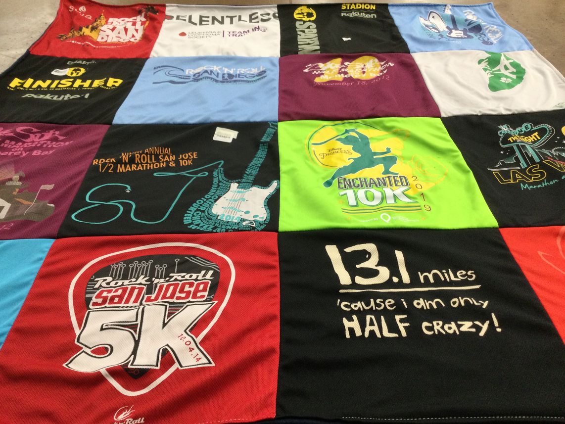 T-shirt quilt with running, marathons themes by Maylyn from CA