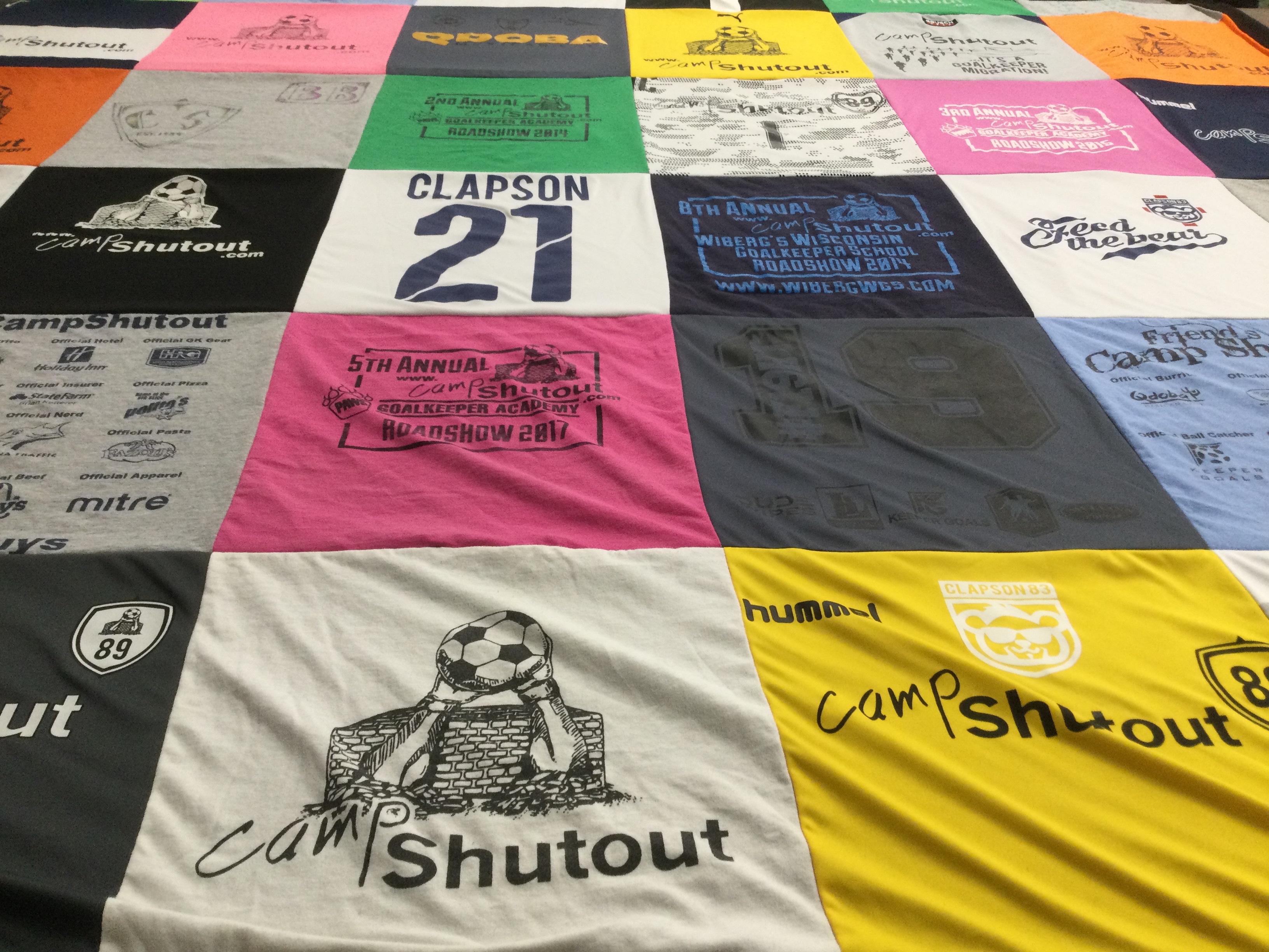 T-shirt quilt with soccer, goalkeeping themes by Douglas from MI