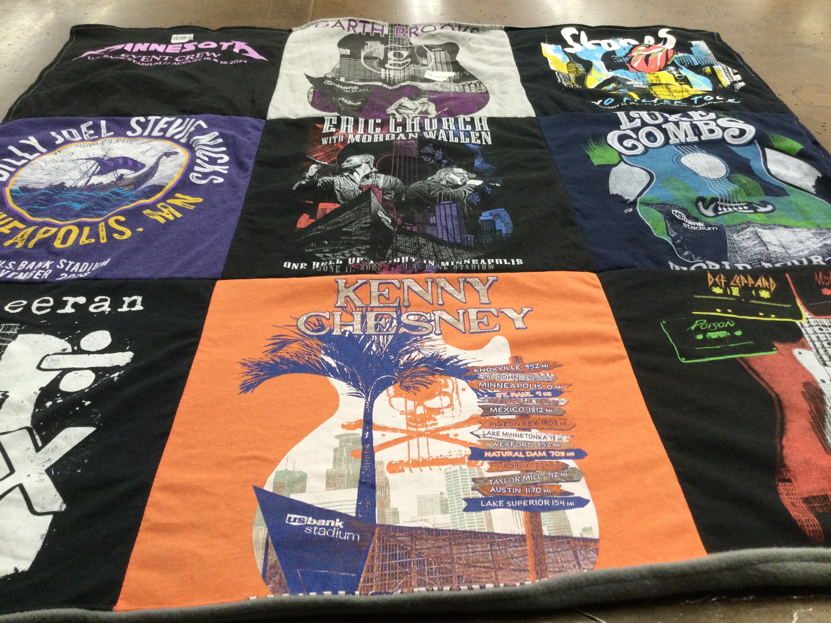 T-shirt quilt with music, concerts themes by Ann from MN