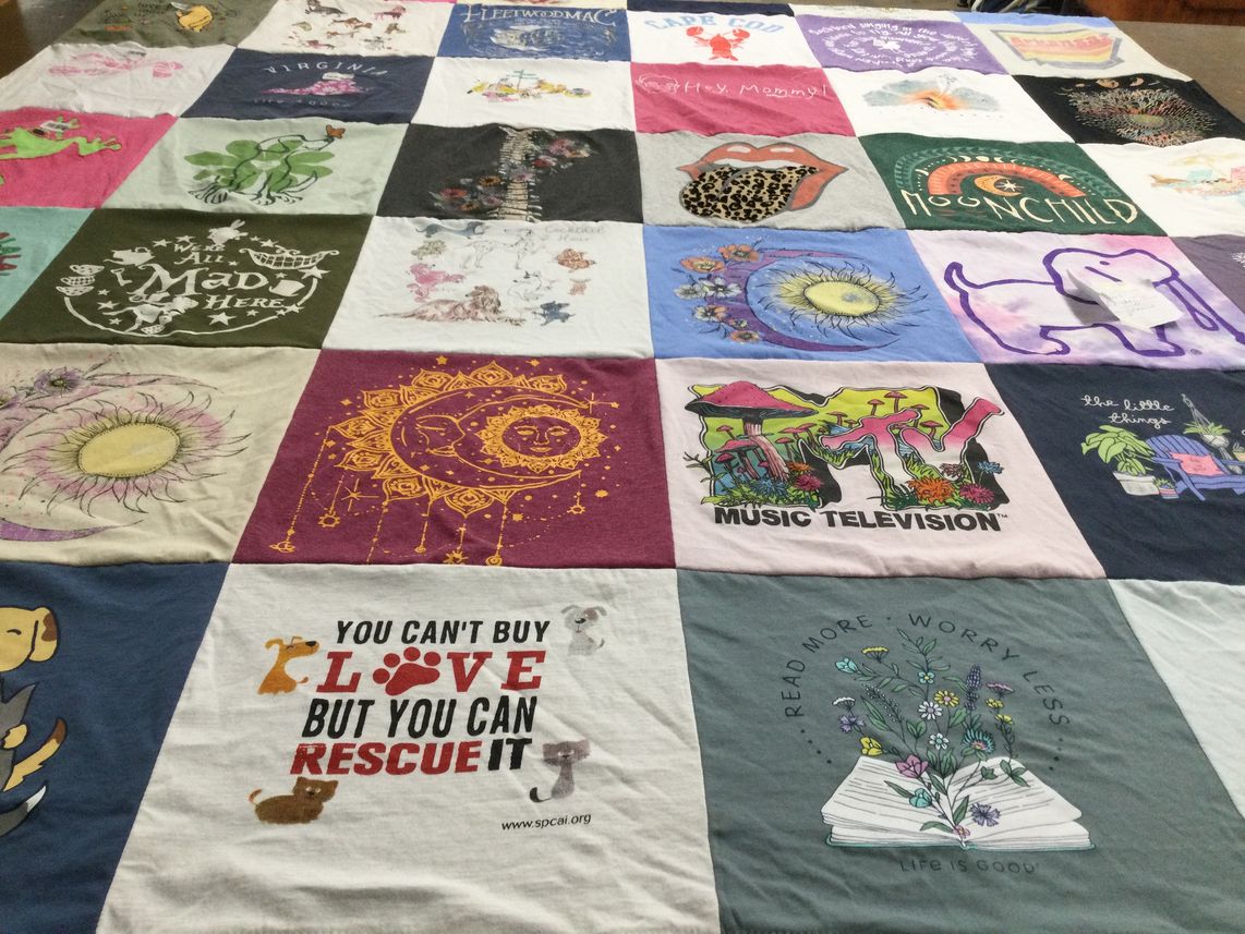 T-shirt quilt with music, animals themes by Rebecca from VA