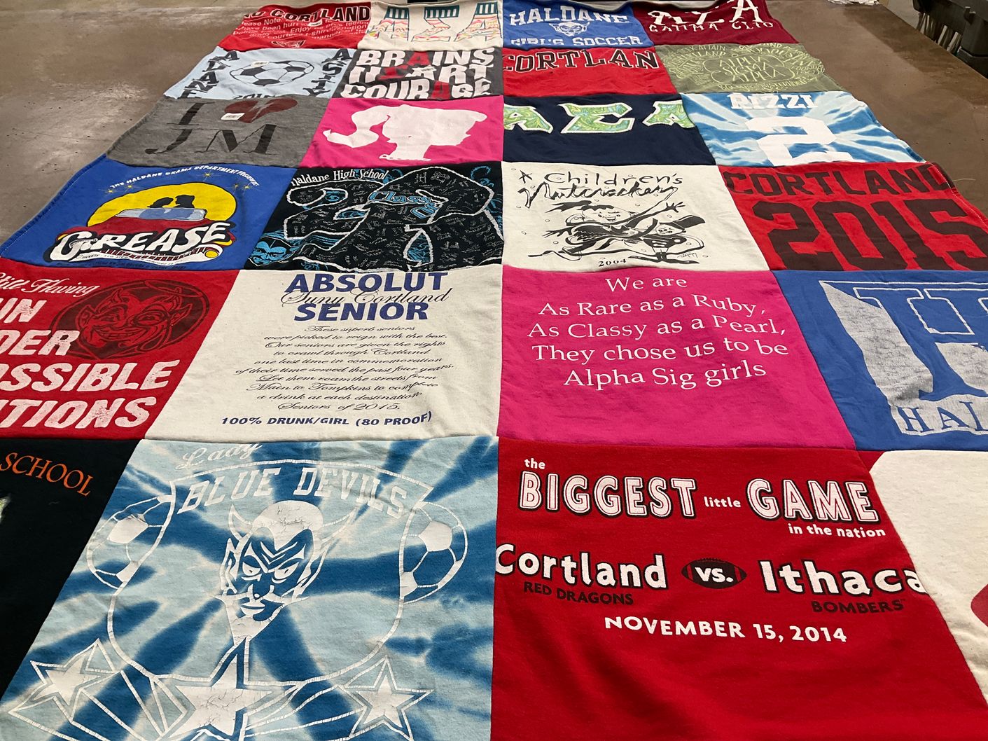 T-shirt quilt featuring cortland red dragons, ithaca bombers by Winifred from NY