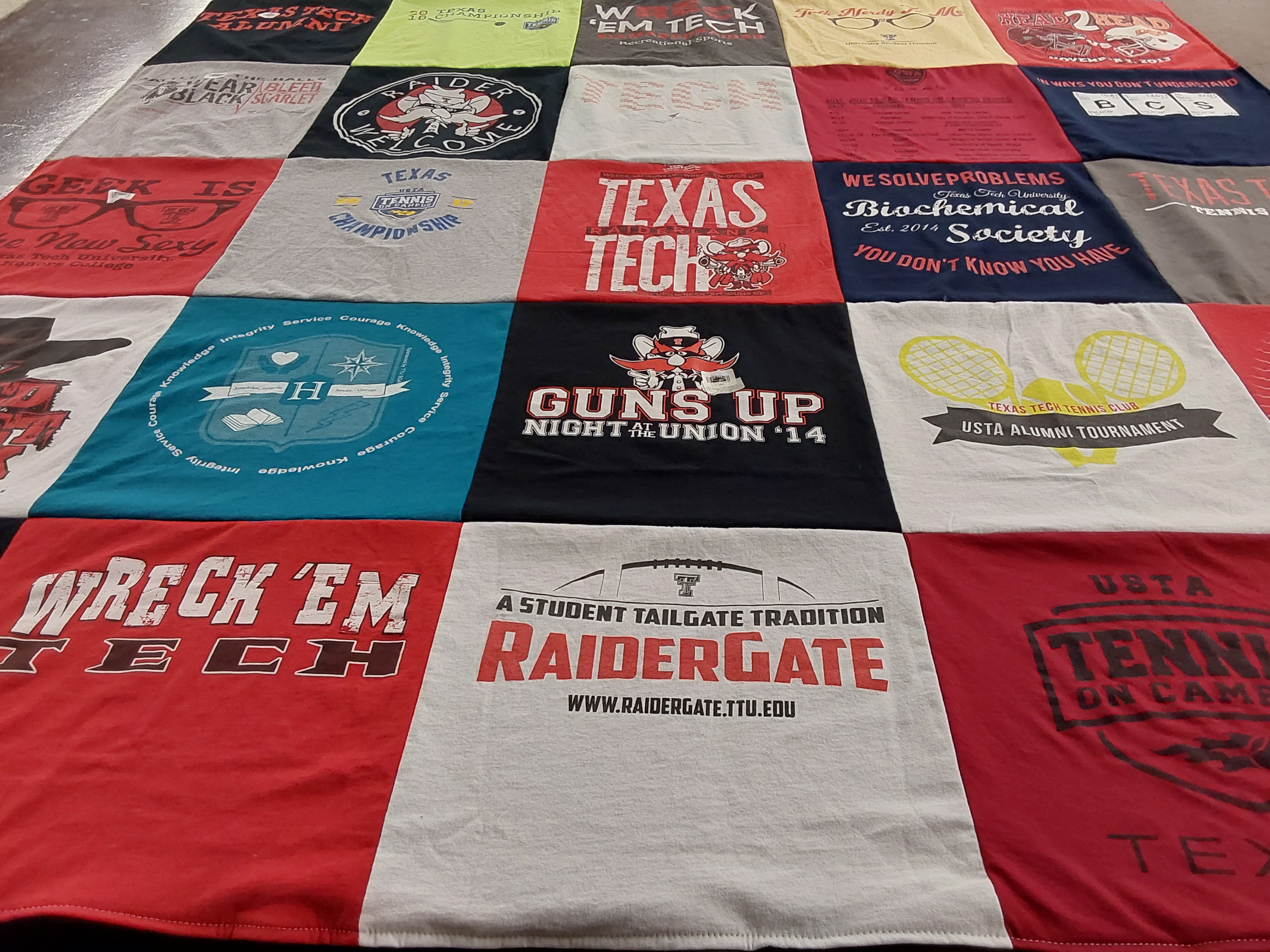 Custom Project Repat t-shirt quilt featuring shirts from texas tech university.