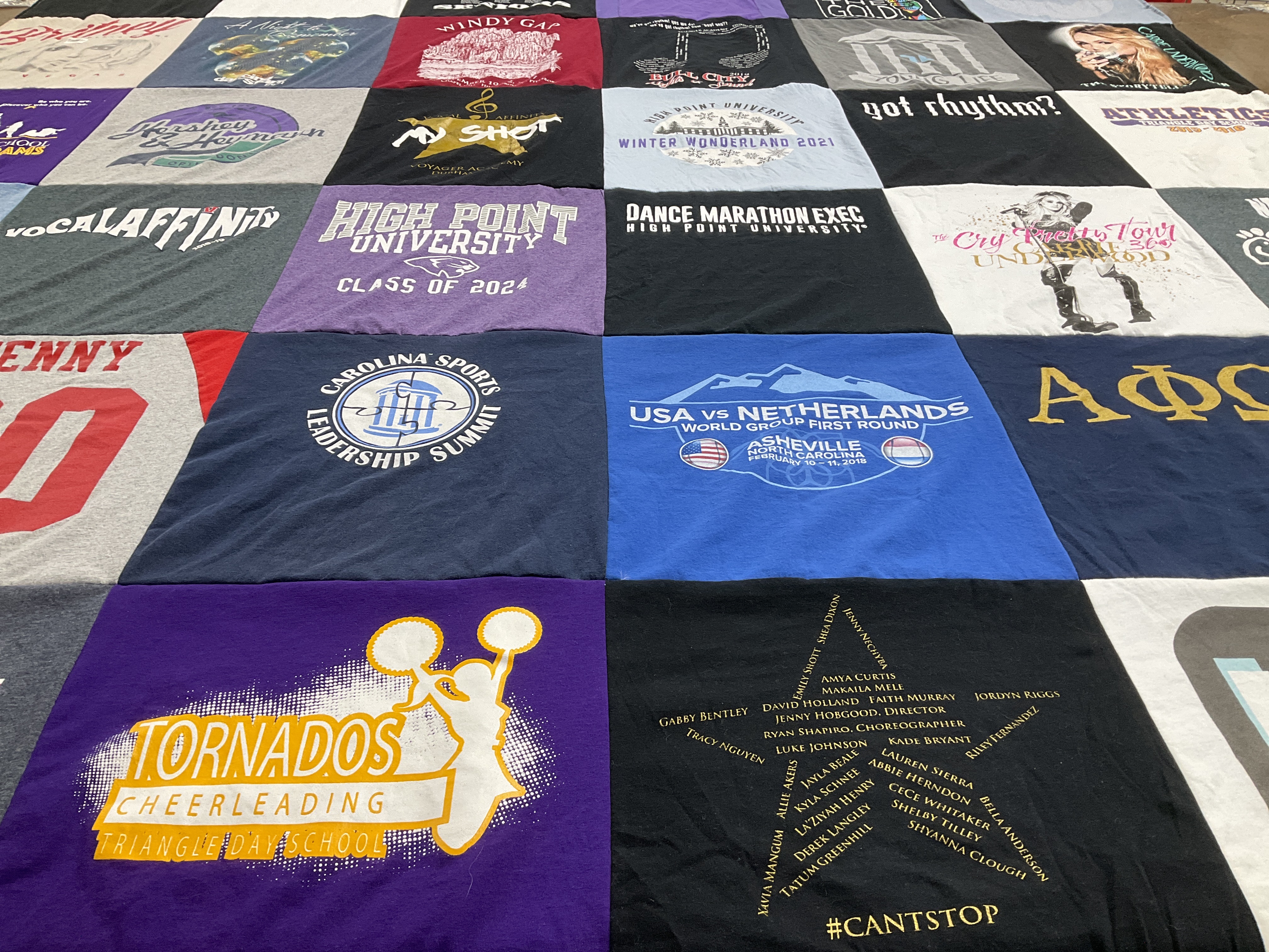 T-shirt quilt featuring tornado cheerleading by Thomas from NC
