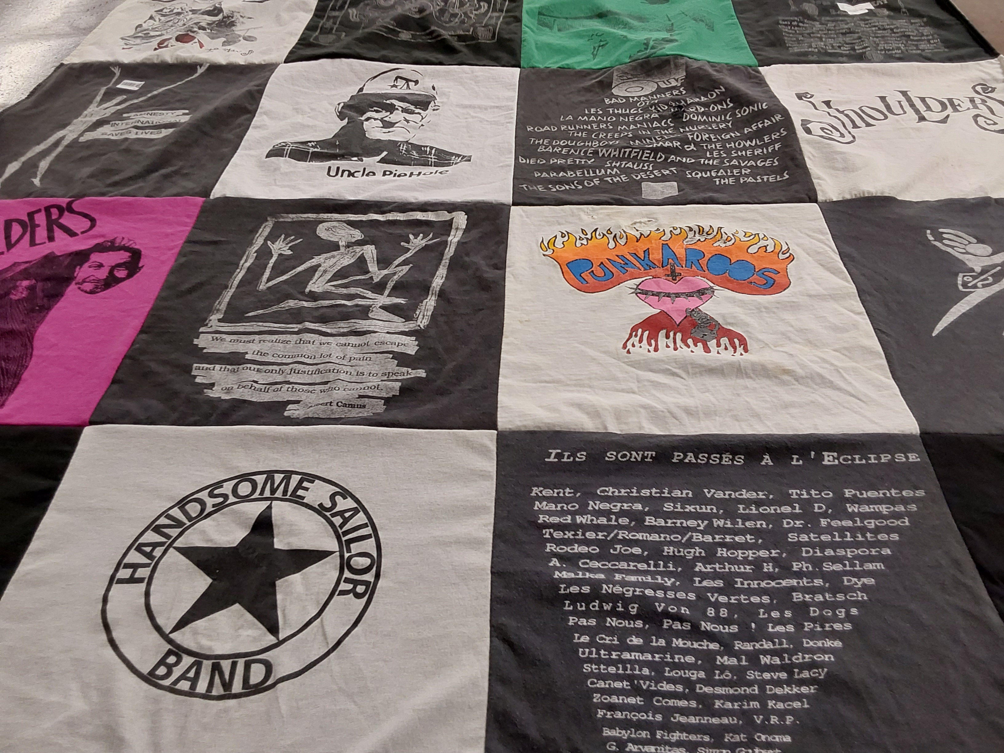 T-shirt quilt with music, art themes by Bonnie from TX