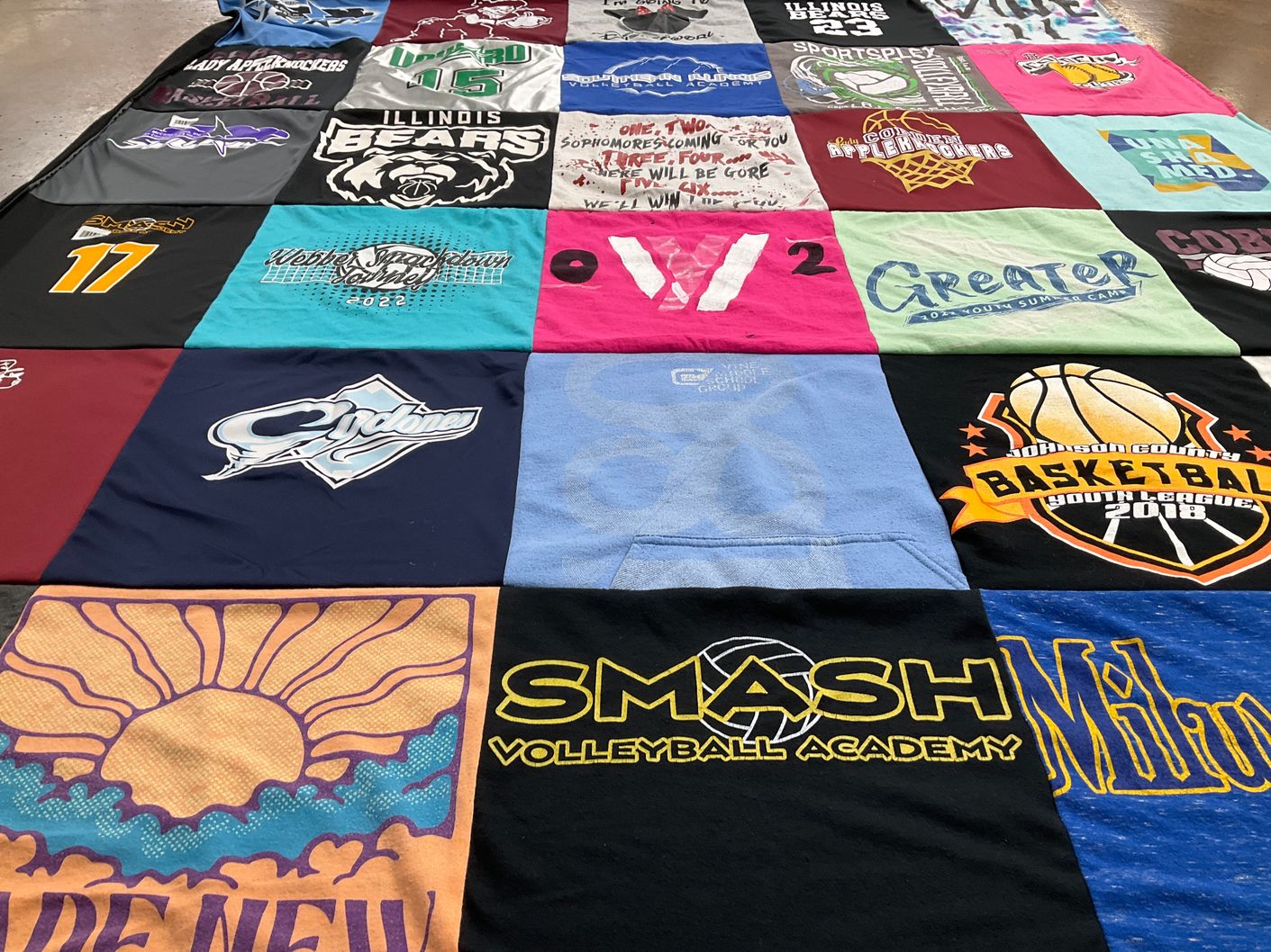 T-shirt quilt with volleyball, basketball themes by Brittney from IL