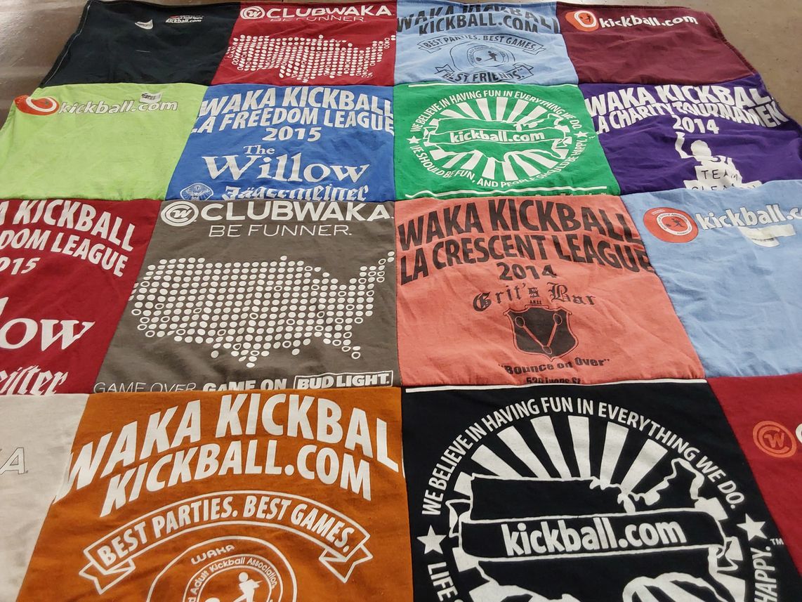 T-shirt quilt with kickball, sports themes by Stacy from LA