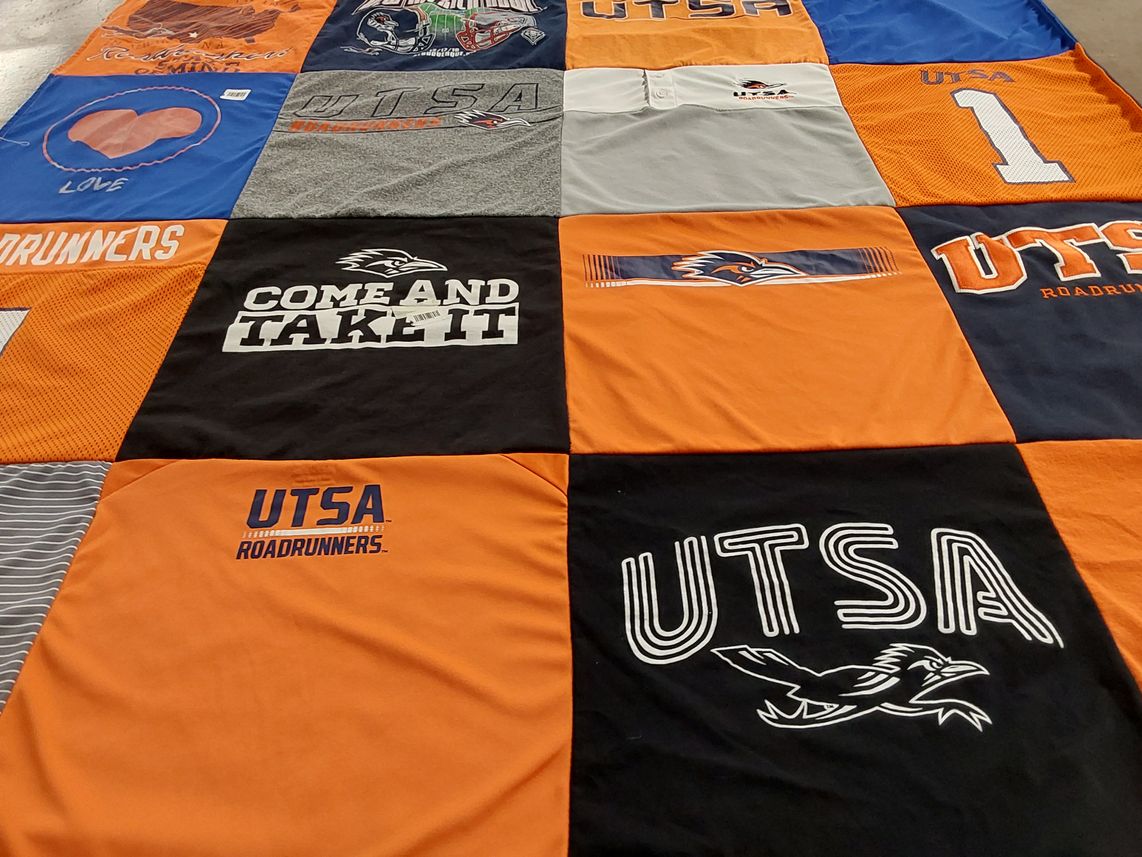 T-shirt quilt featuring utsa roadrunners by Rachel from TX