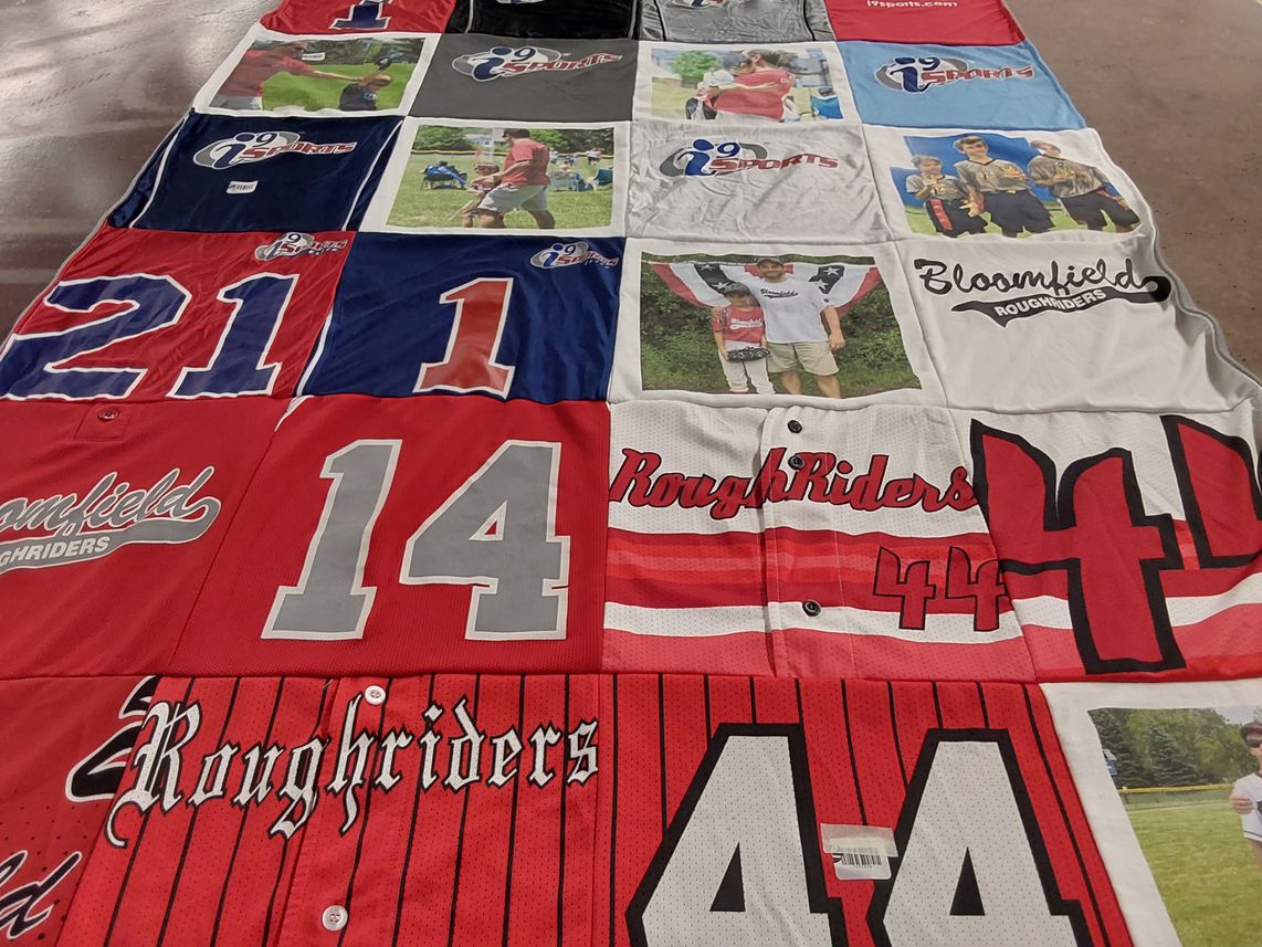T-shirt quilt with sports, youth activities themes by Andrea from MI
