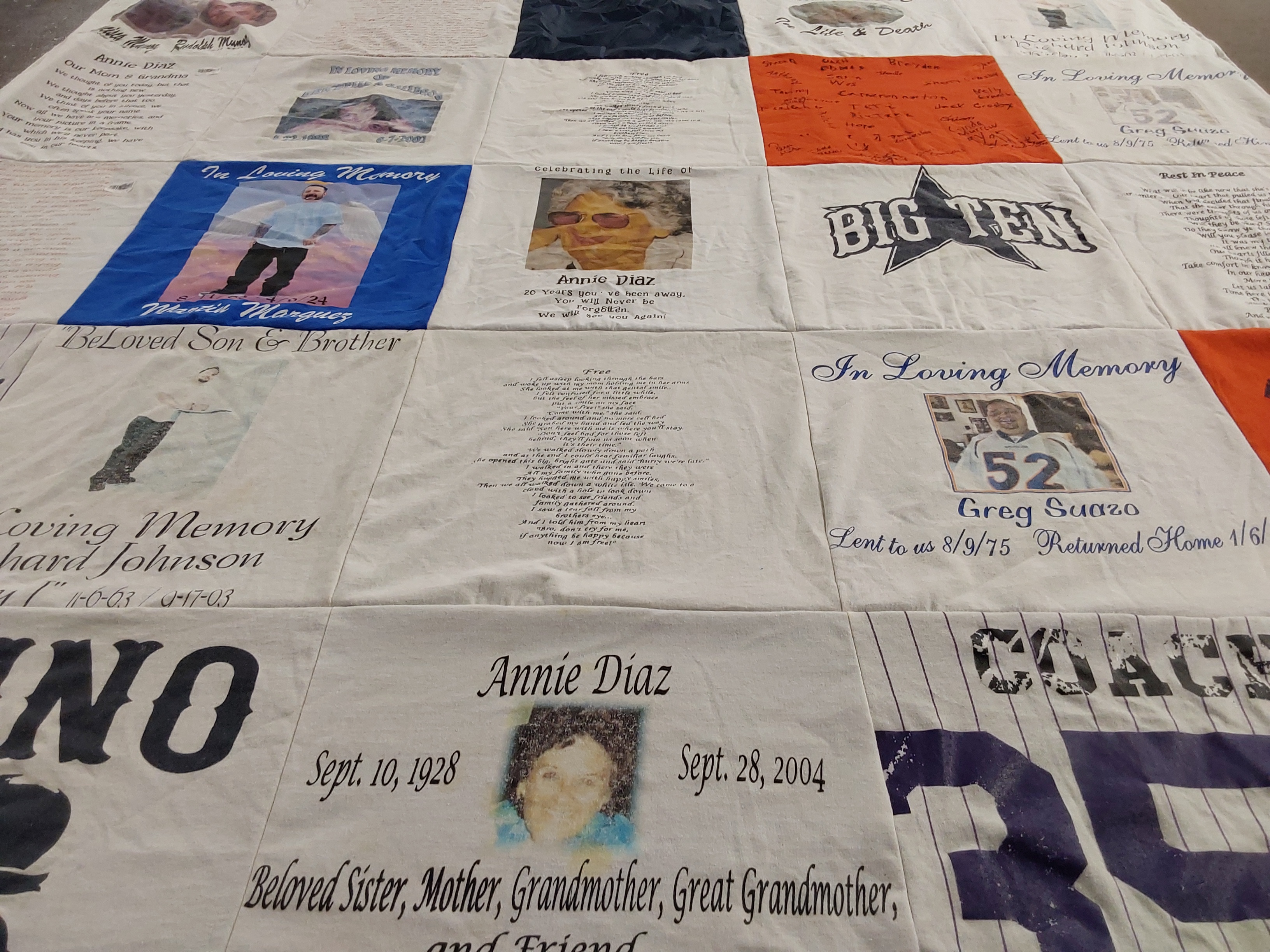 T-shirt quilt with memorials, family themes by Lori from CO