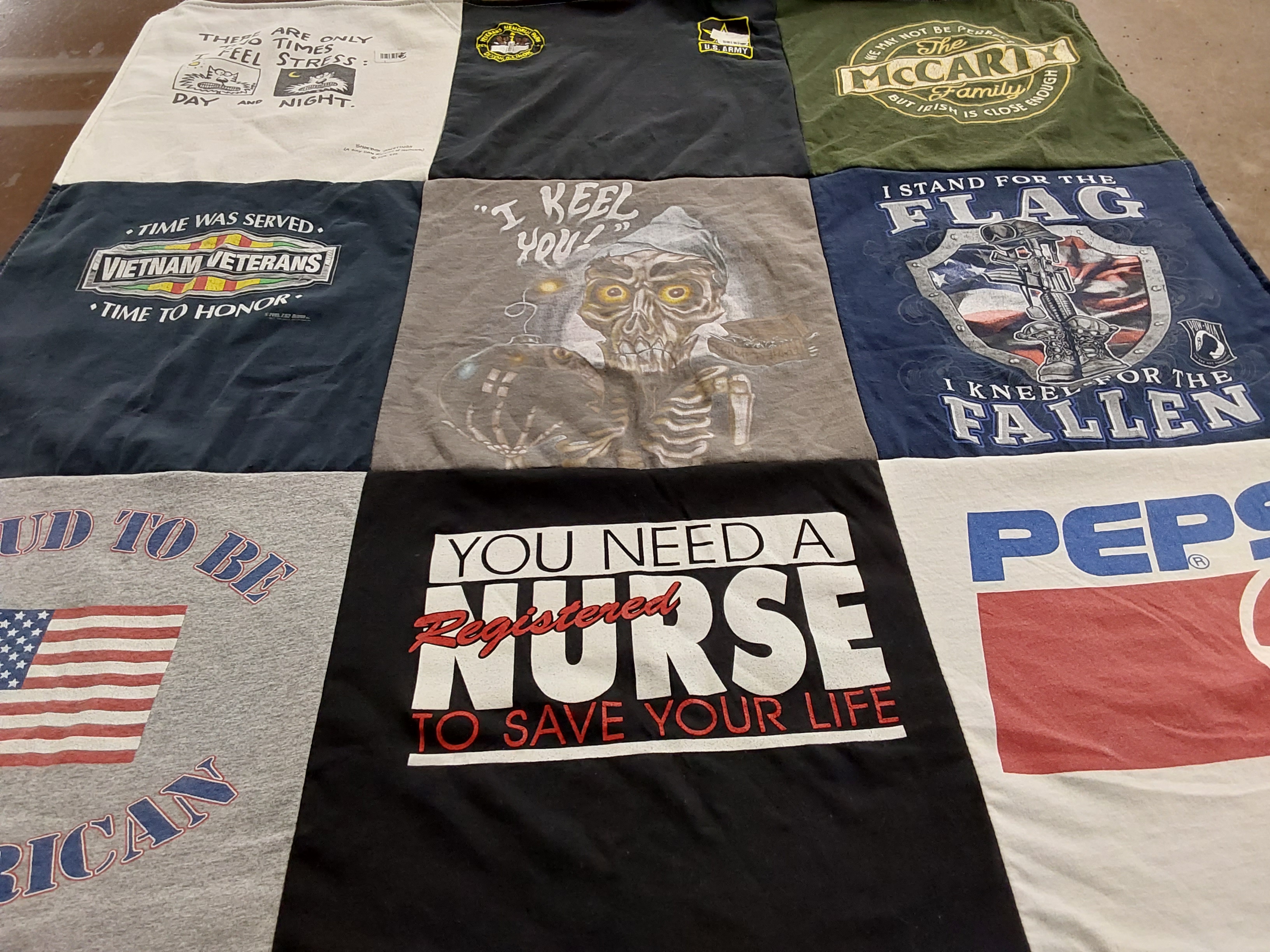 T-shirt quilt with veterans, nursing themes by Kimberly from IL