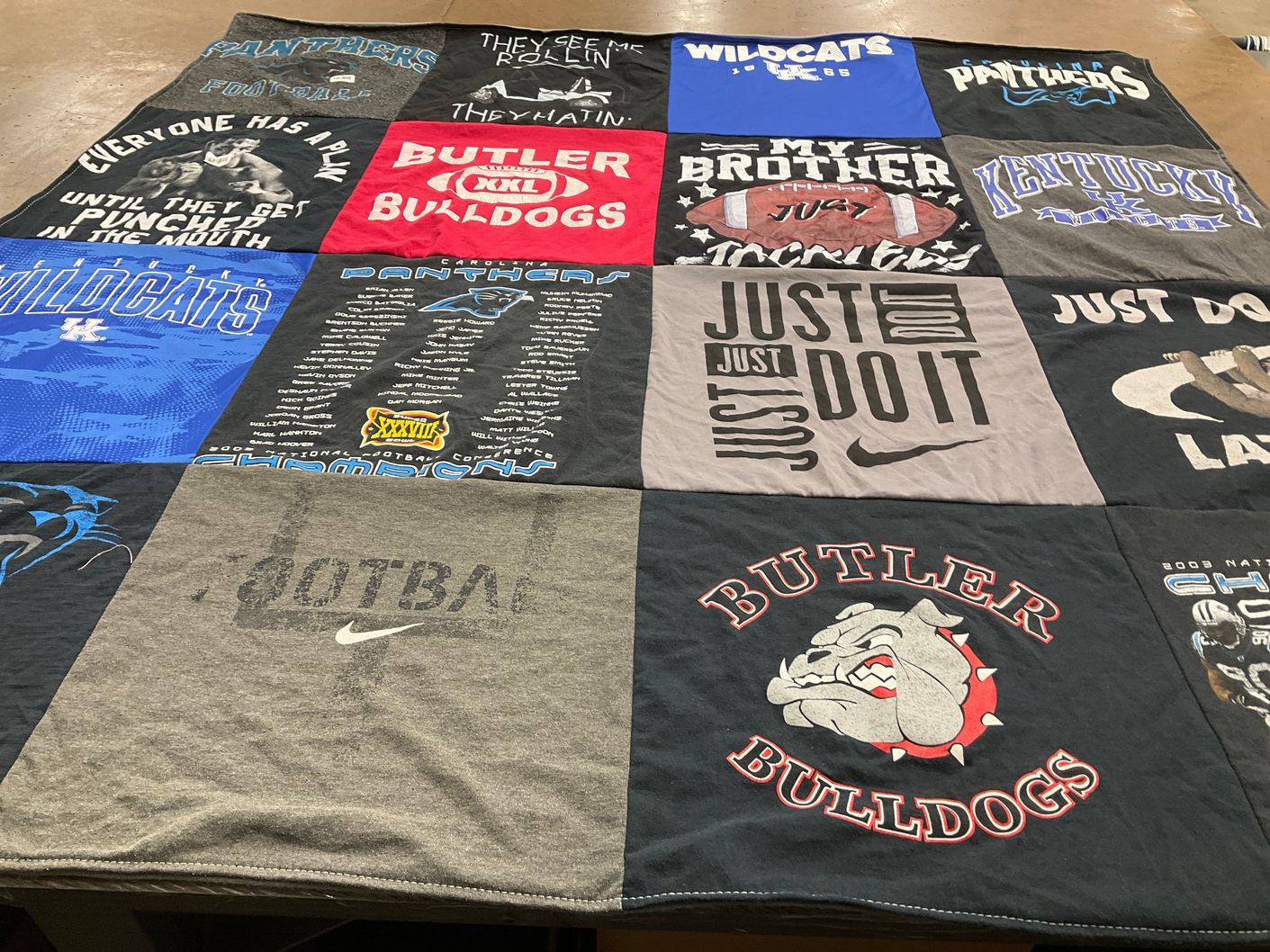T-shirt quilt featuring panthers, wildcats by Kelley from NC