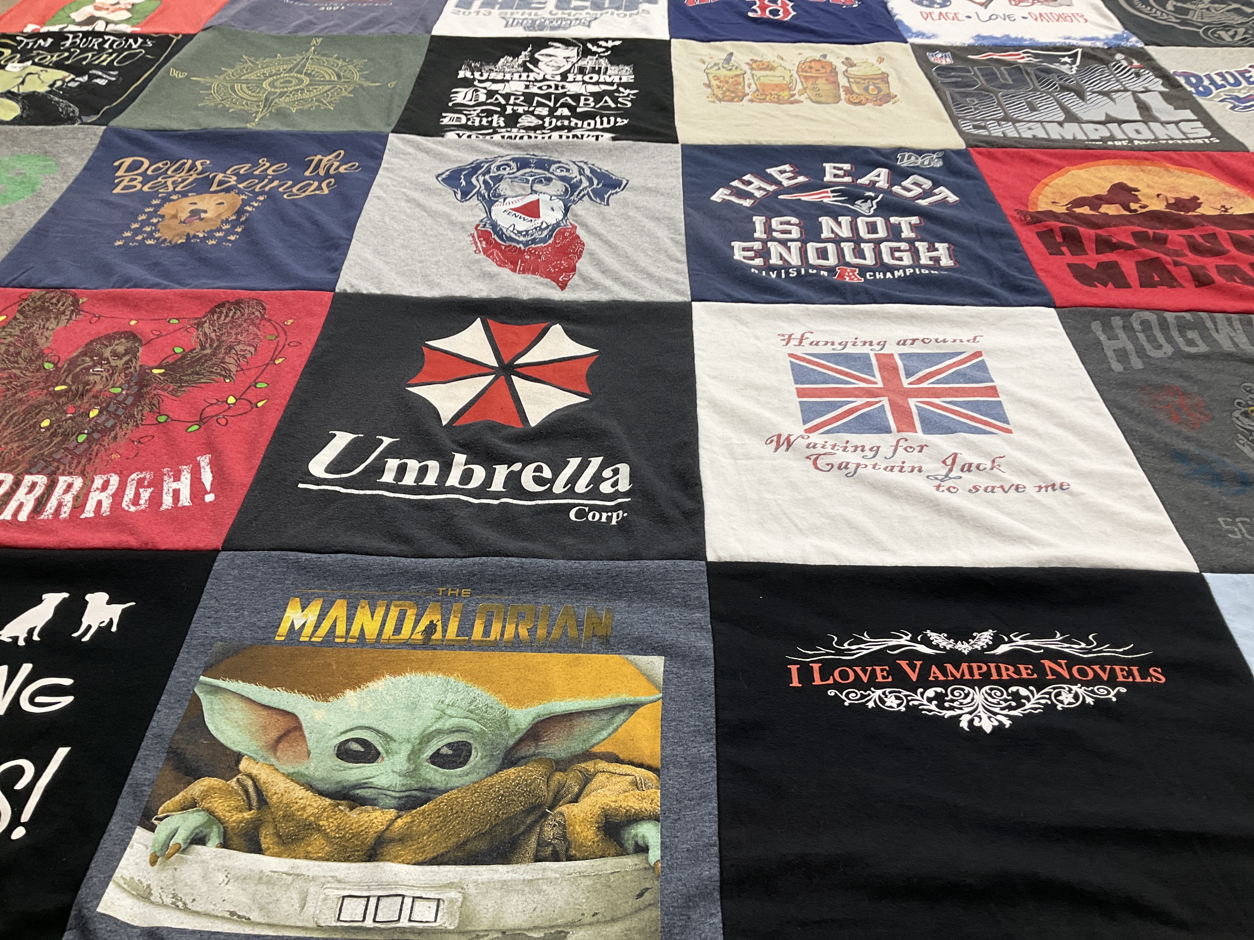 T-shirt quilt with dogs, vampires themes by Bonnie from FL
