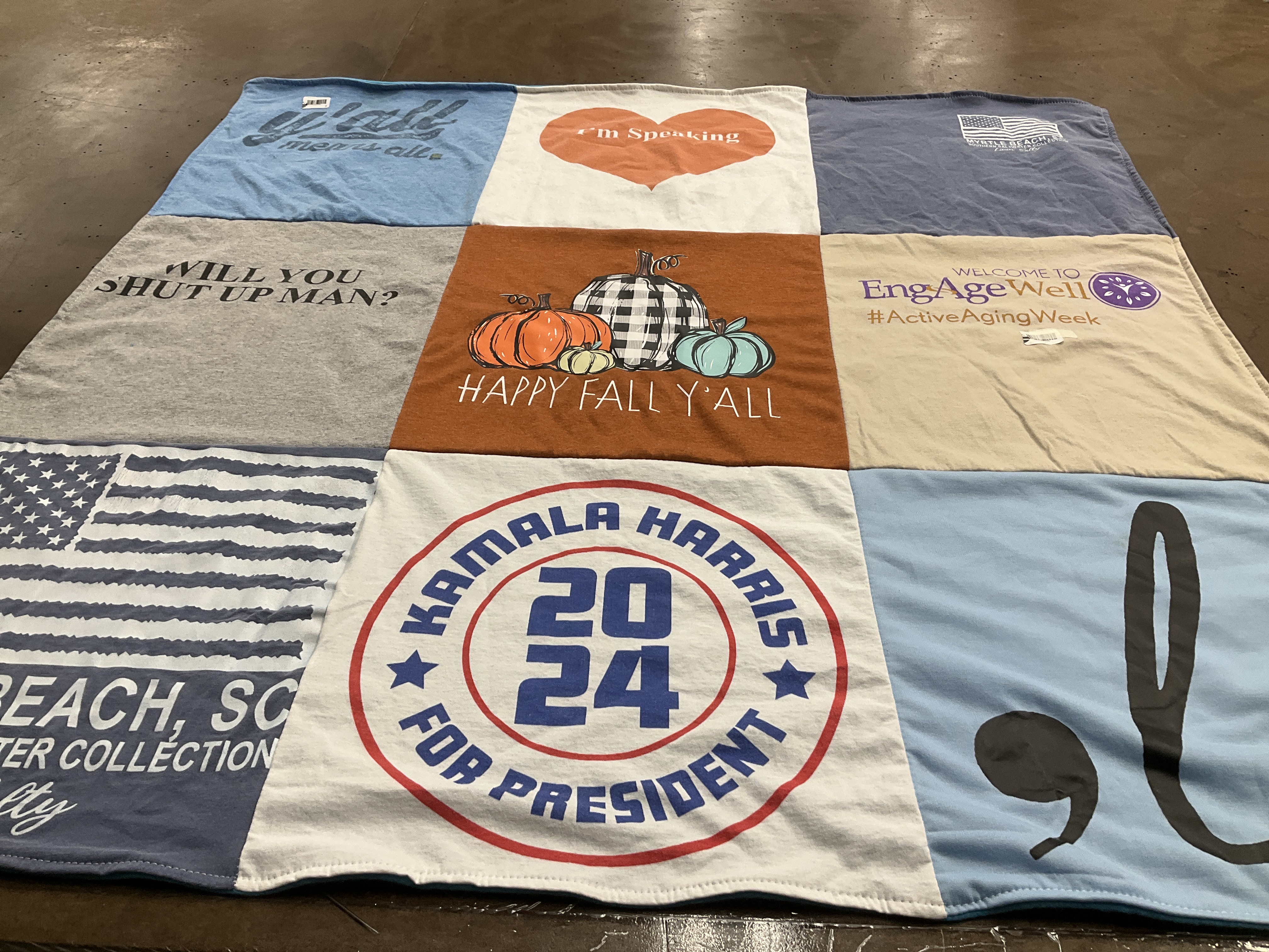 T-shirt quilt with politics, autumn themes by Nancy from MD