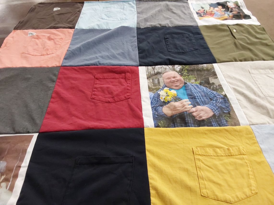 T-shirt quilt with family, gardening themes by Philip from OR