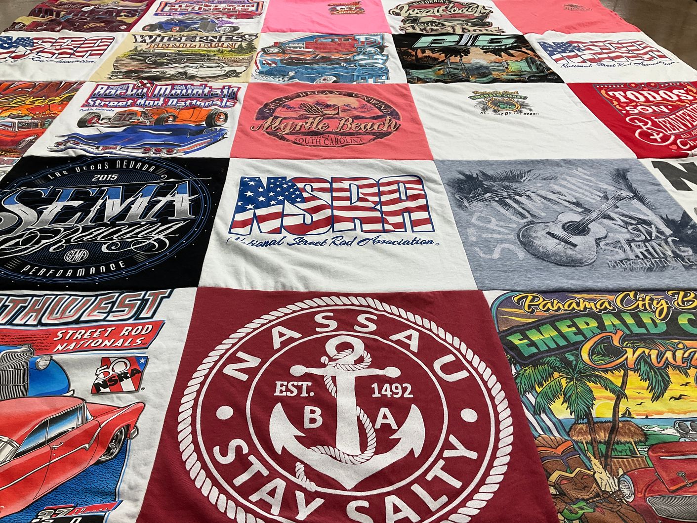 T-shirt quilt with street rods, beach cruising themes by Rebecca from TN