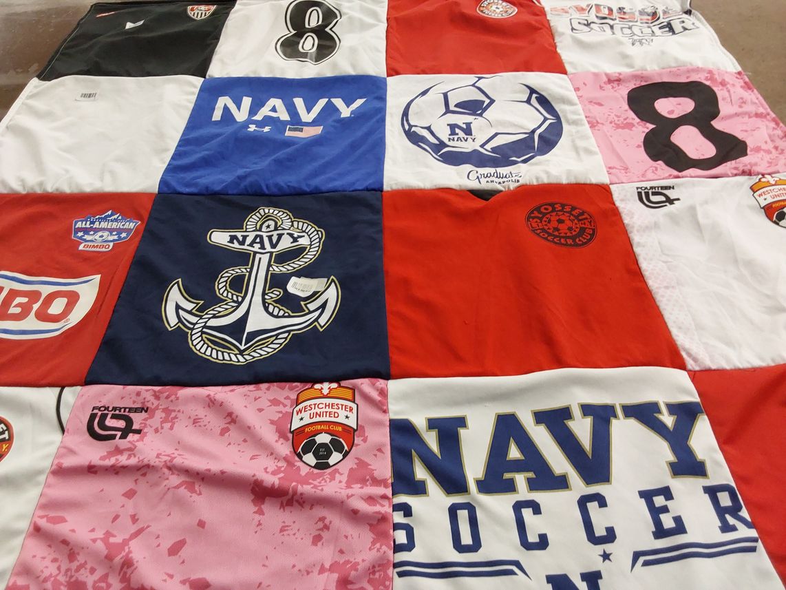 T-shirt quilt featuring navy soccer by Julie from VA
