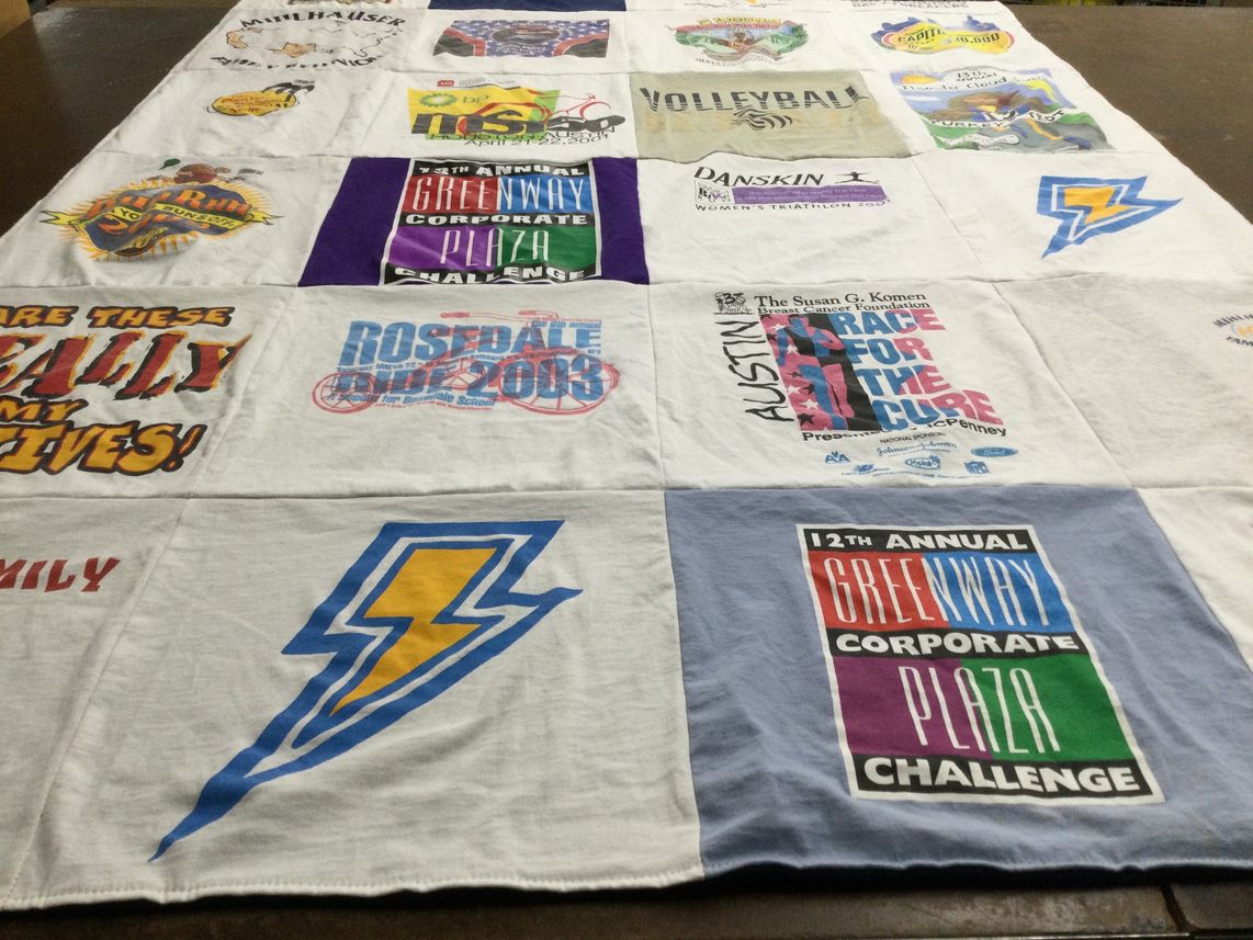 T-shirt quilt with sports, triathlon themes by Andrea from TX