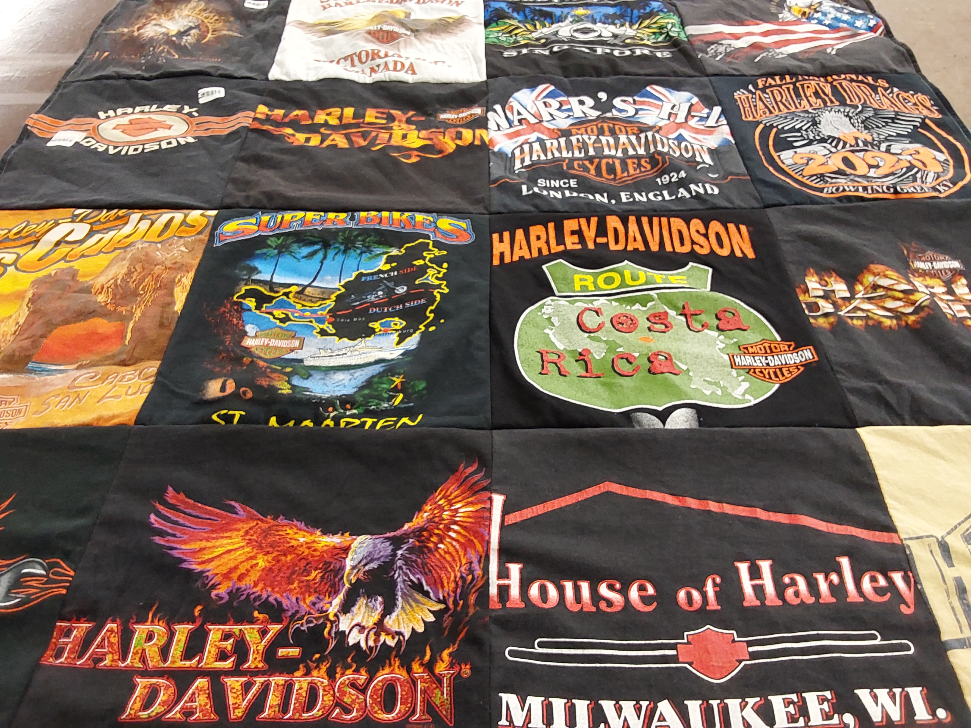 T-shirt quilt with motorcycles, traveling themes by Gail from TX