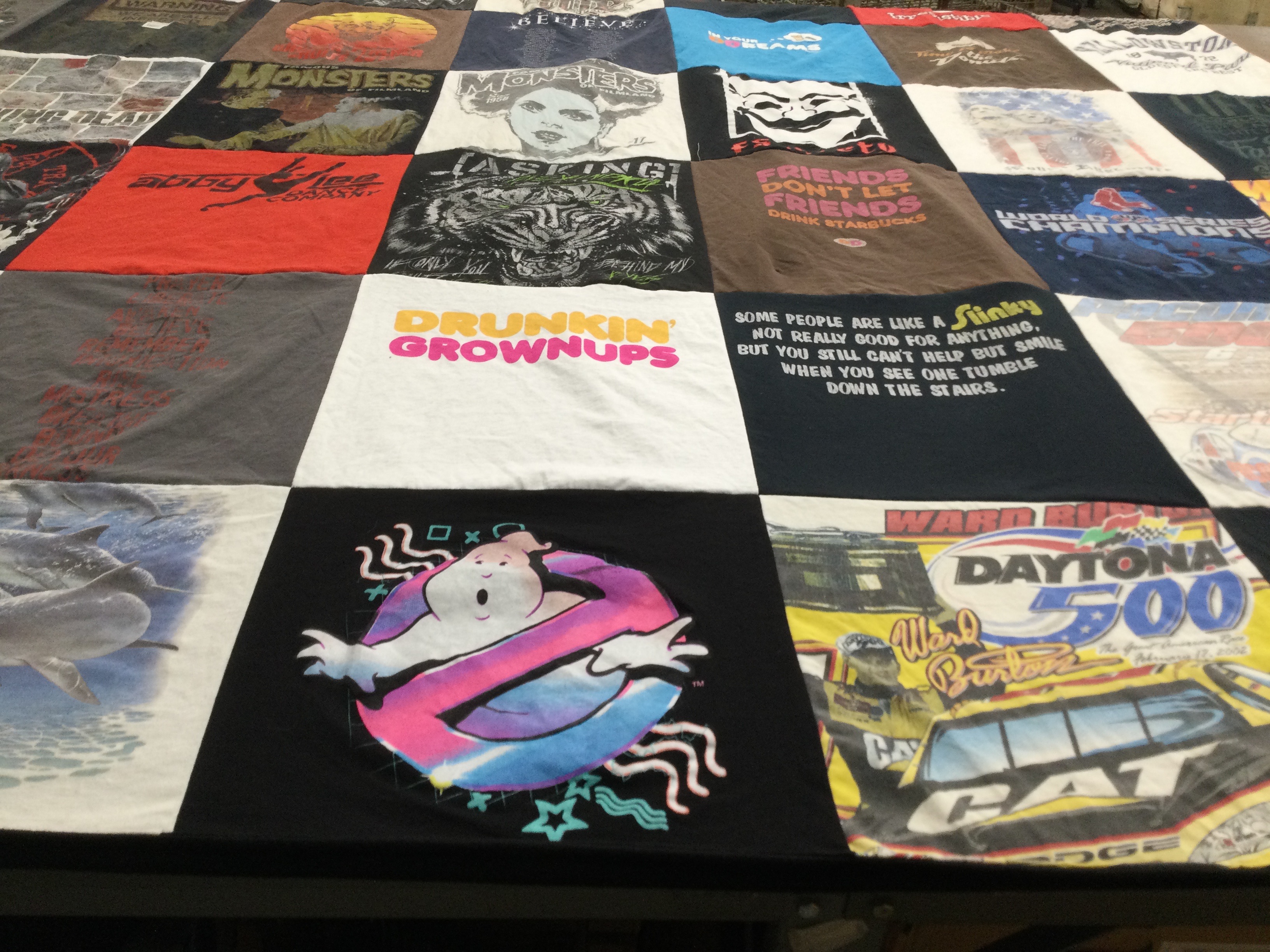 T-shirt quilt with ghostbusters, racing themes by Kathleen from CT