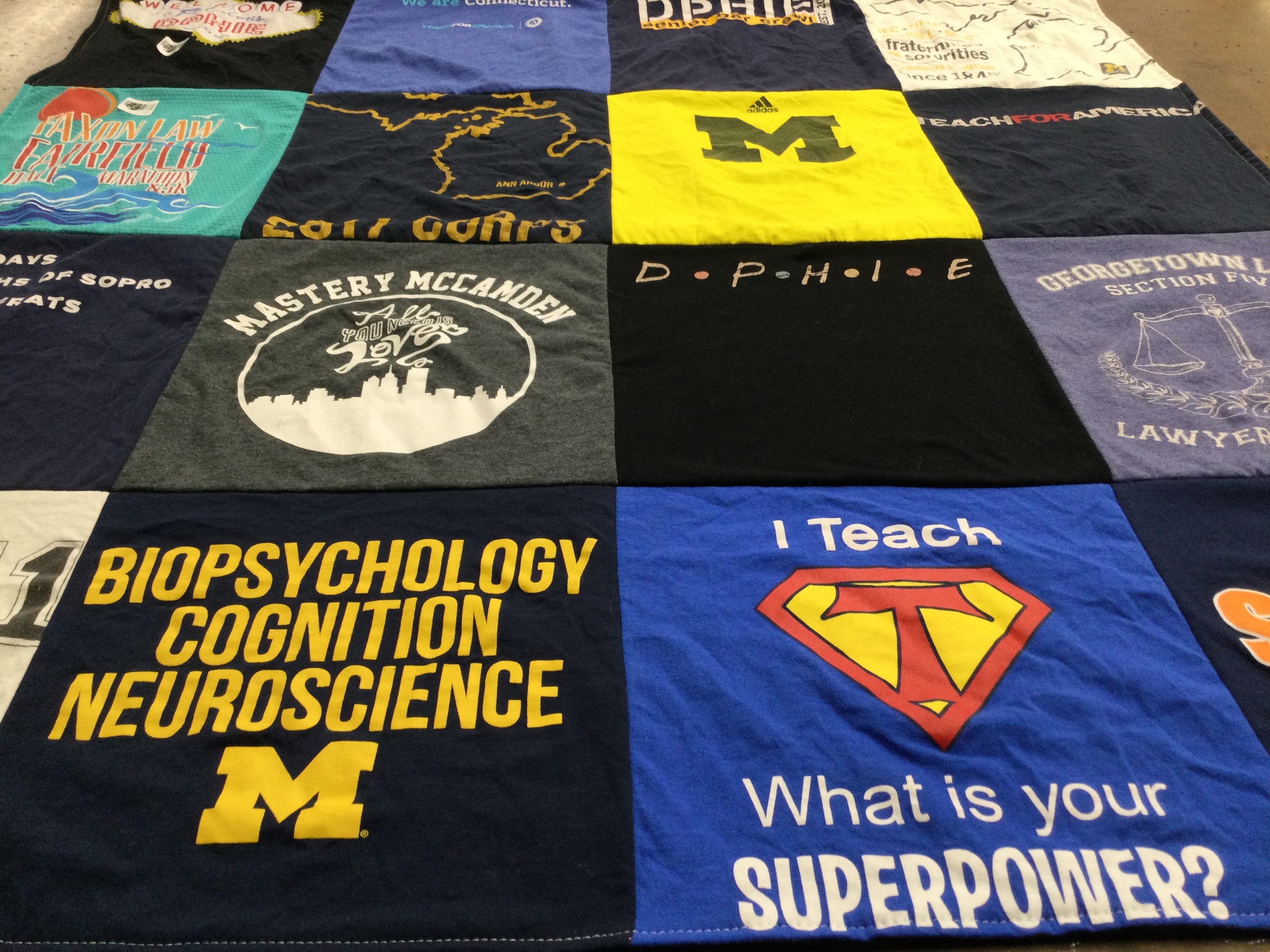 T-shirt quilt from university of michigan, georgetown university by Anna from NY