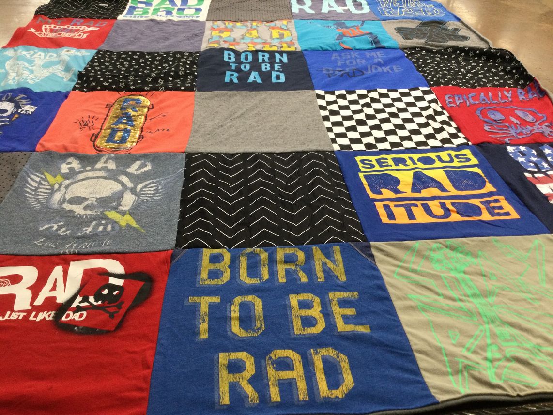 T-shirt quilt with skateboarding, music themes by Kelli from UT