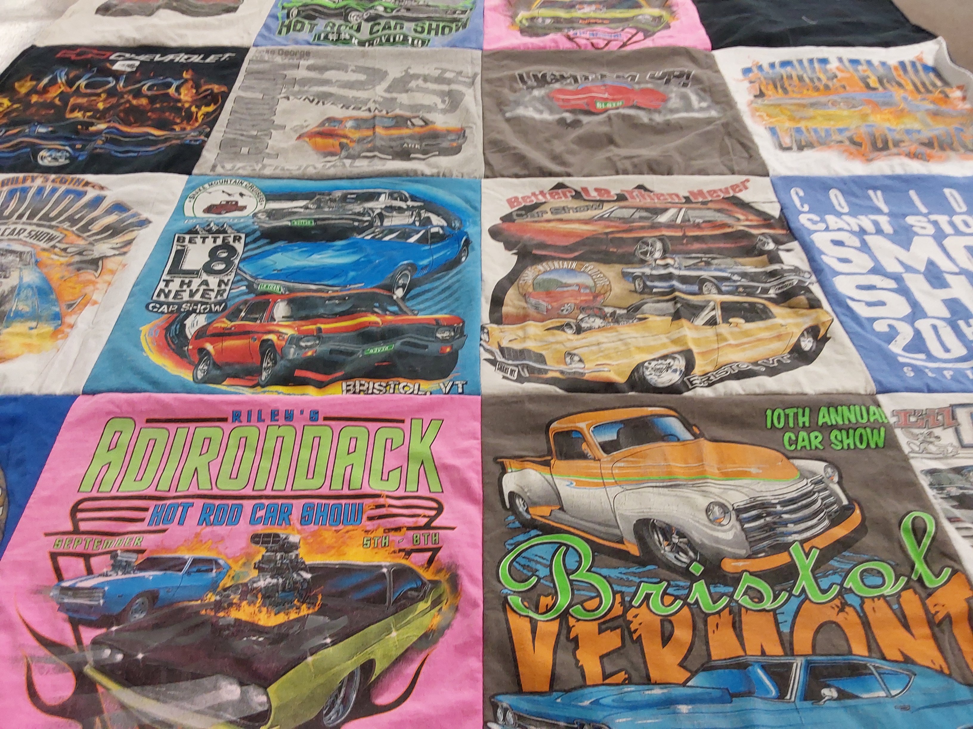 T-shirt quilt with car shows, hot rods themes by Jenn from VT